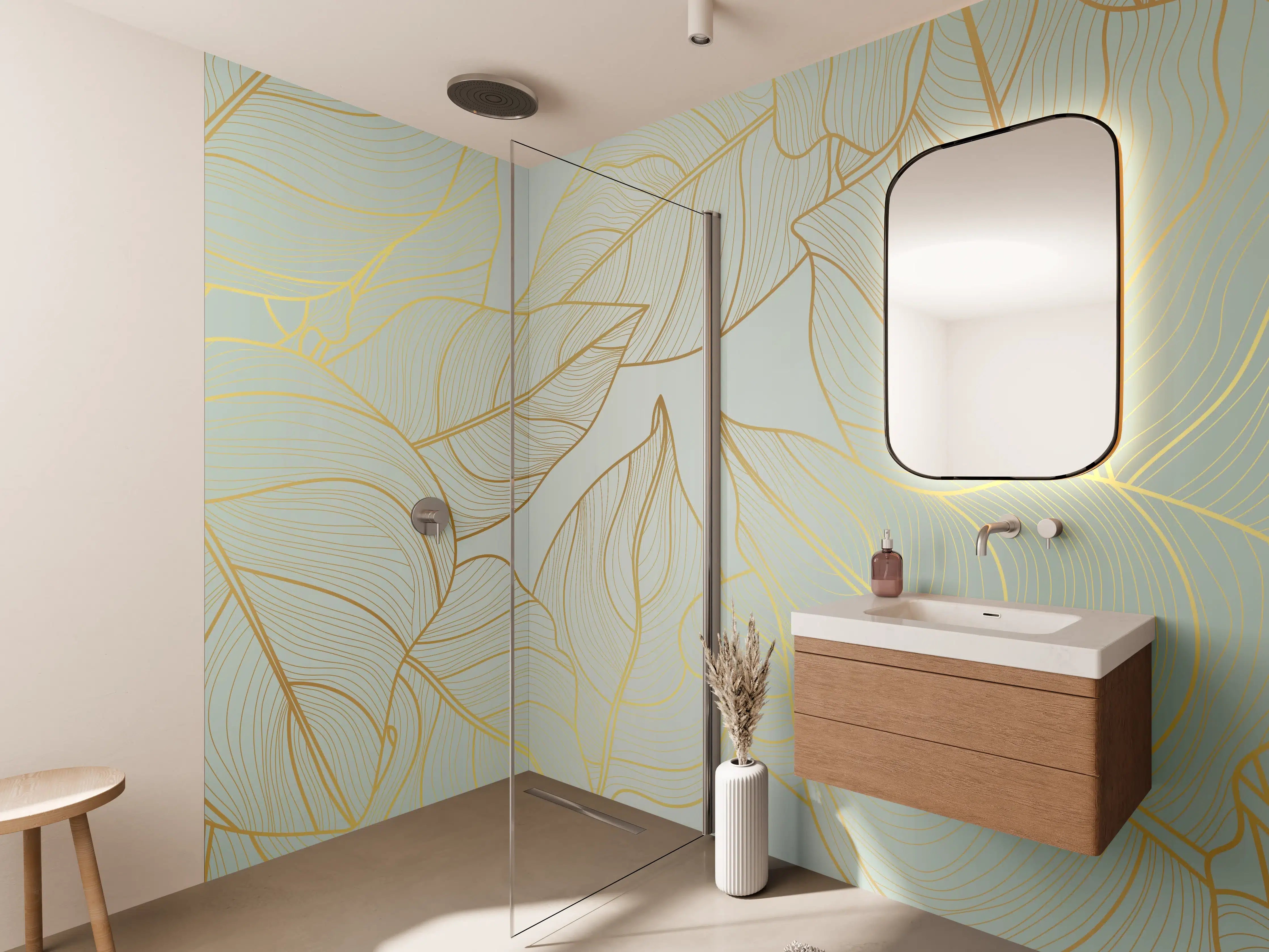 Wandverkleidung Bad - Gold-Beige Laub Design