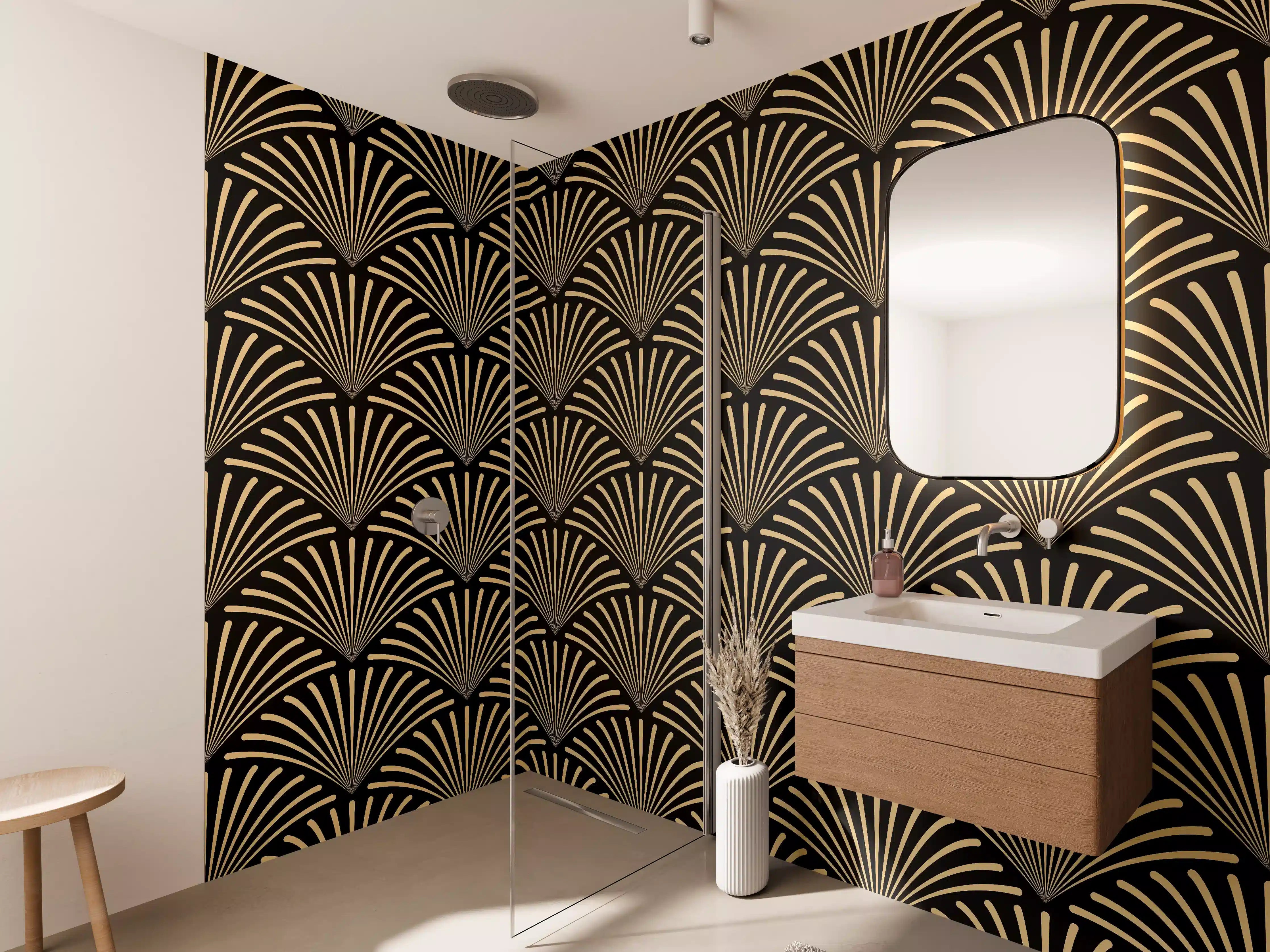 Wandverkleidung Bad - Gold-Schwarz Art Déco Muster