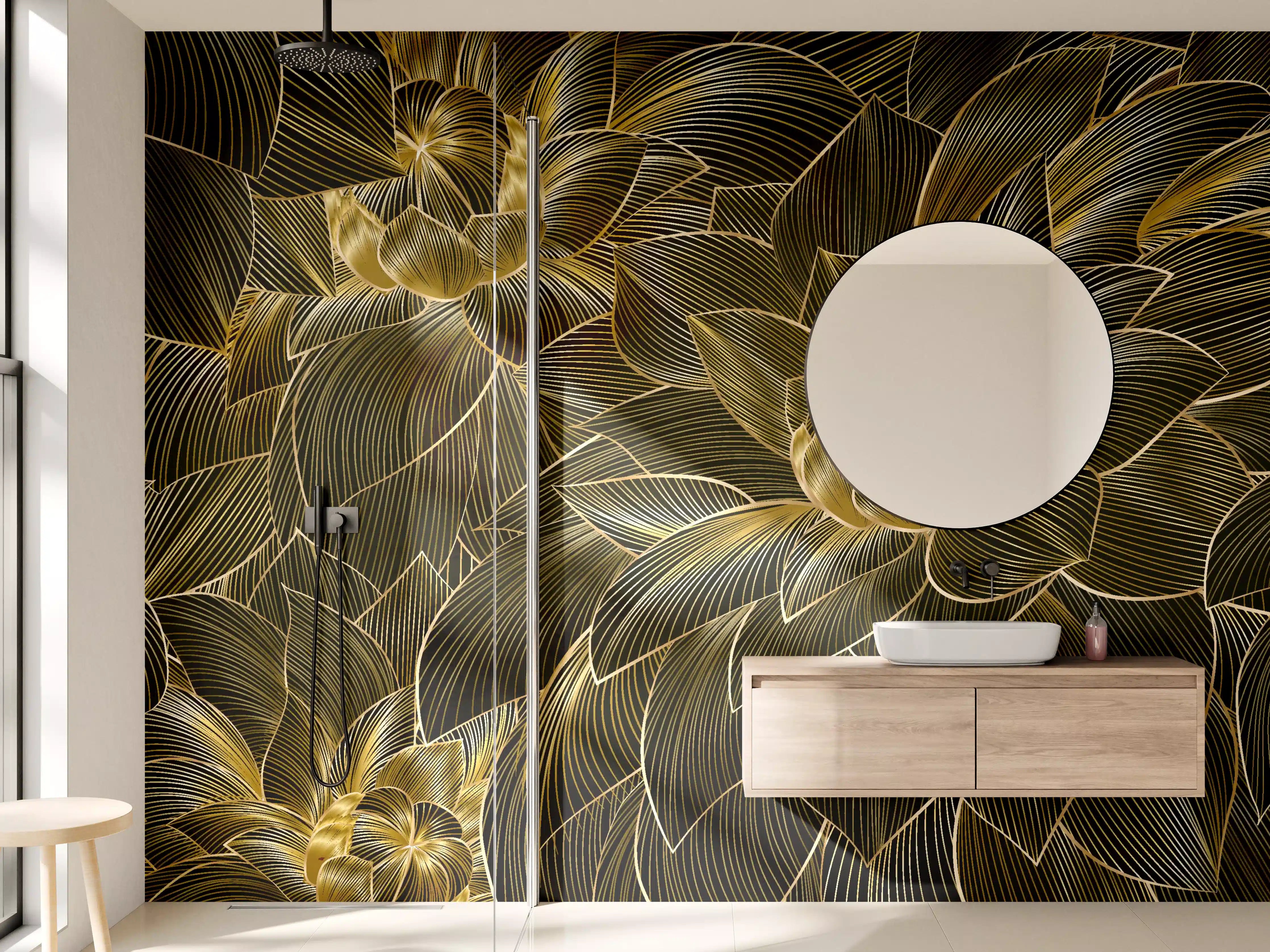 Wandverkleidung Bad - Goldene Blütenmuster Tapete