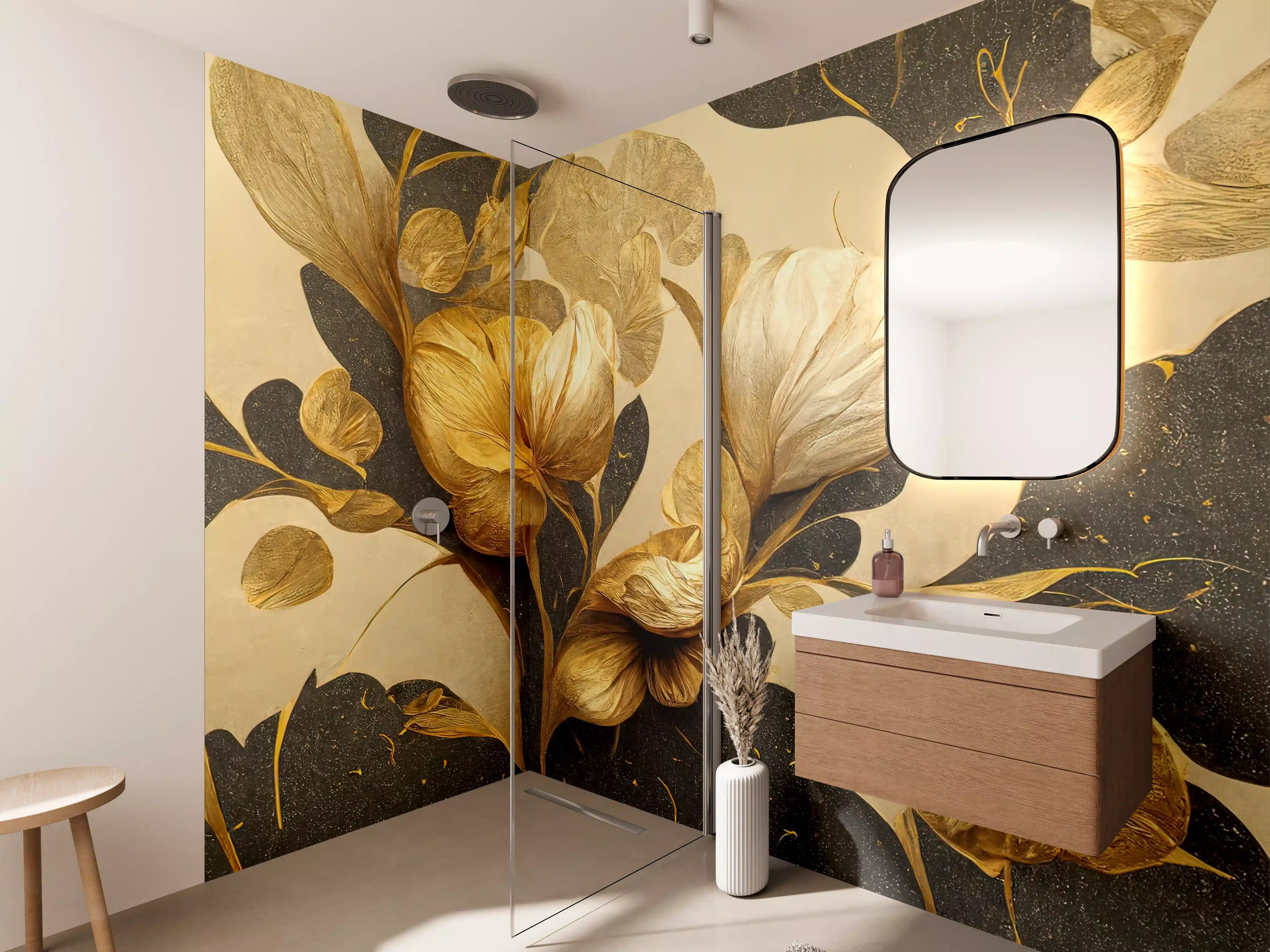 Wandverkleidung Bad - Goldene Blumen mit dunklem Hintergrund