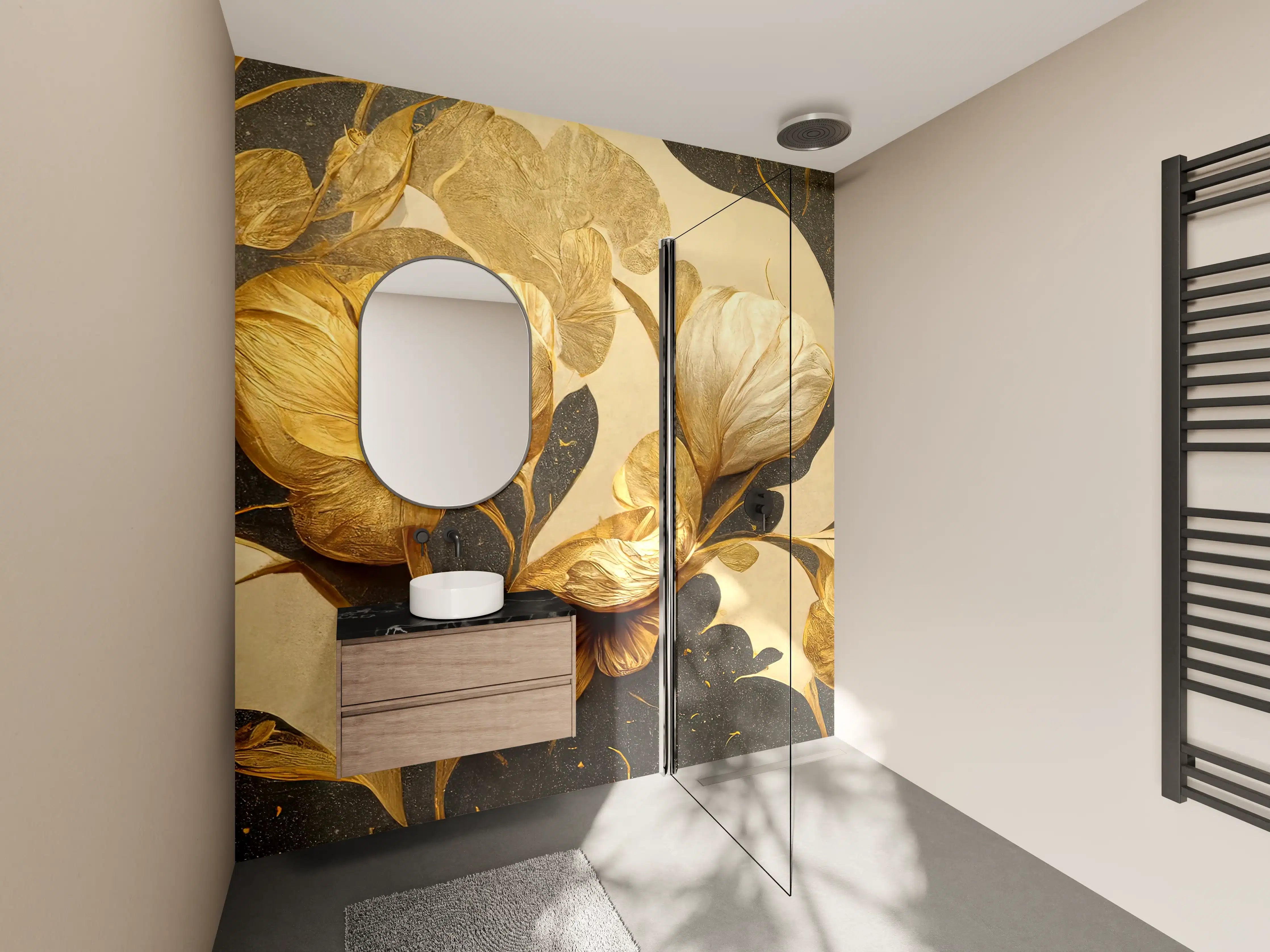 Wandverkleidung Bad - Goldene Blumen mit dunklem Hintergrund