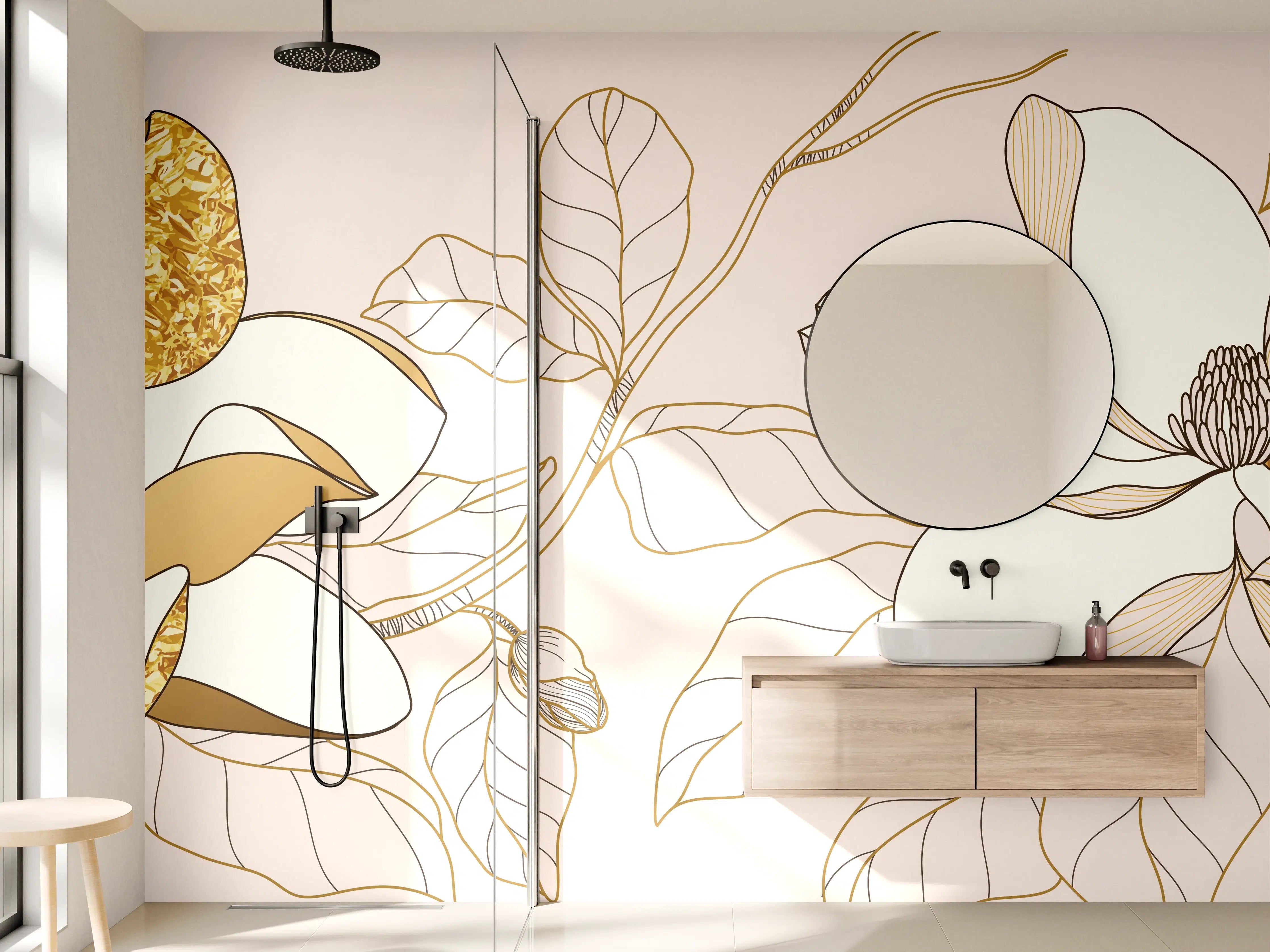 Wandverkleidung Bad - Goldene Blumenmuster Illustration
