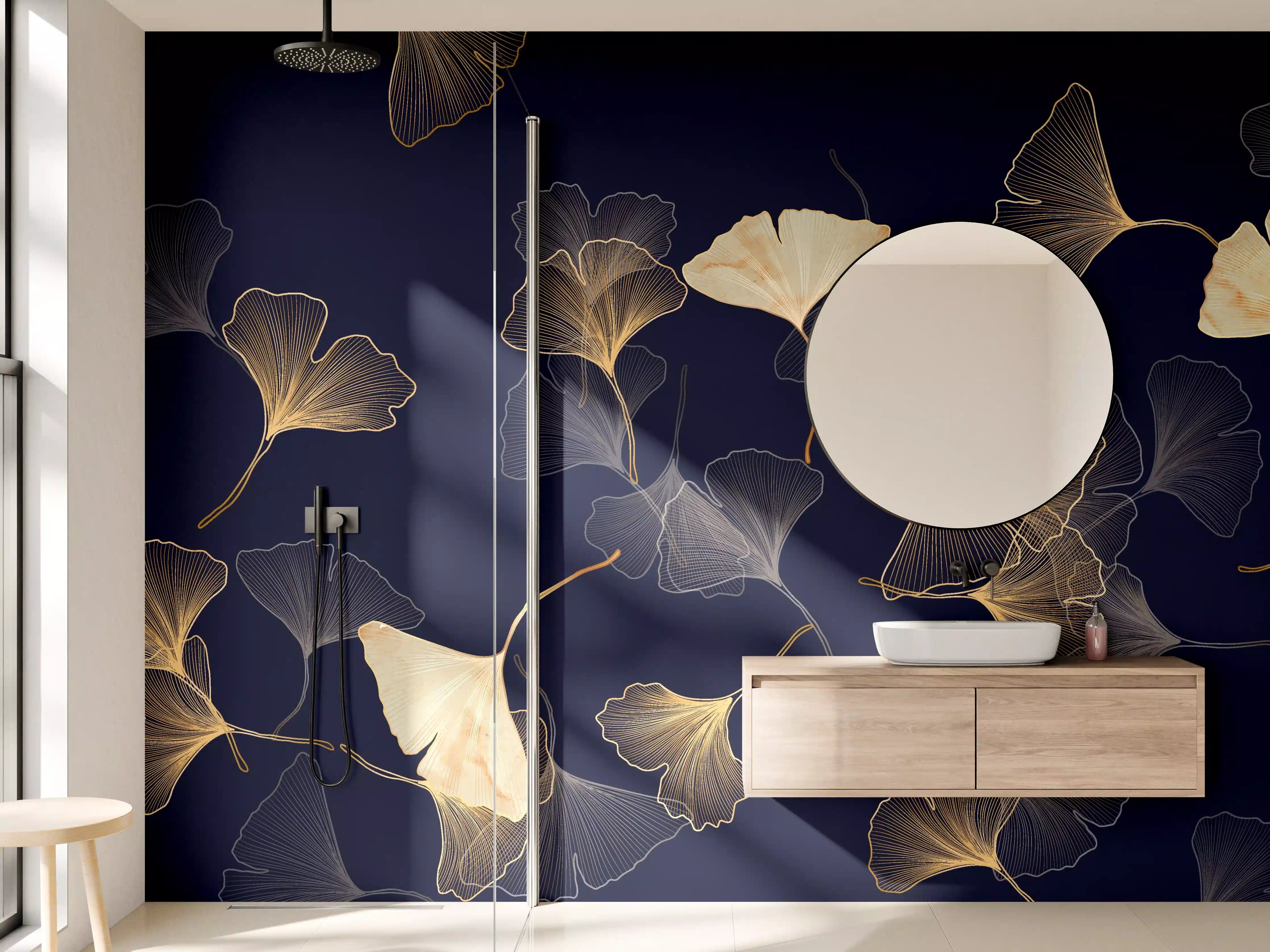Wandverkleidung Bad - Goldene Ginkgo Blatt Design Tapete