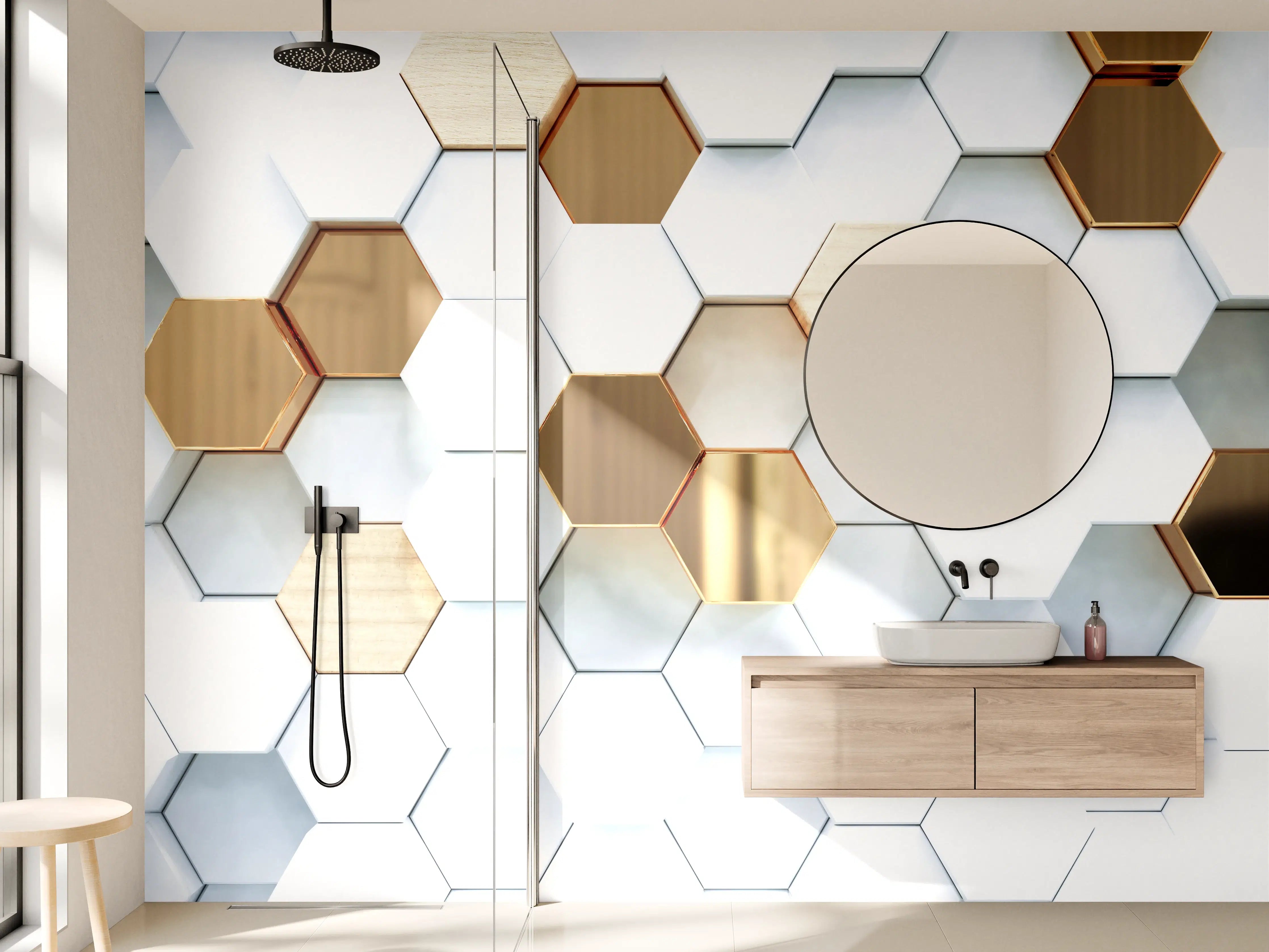 Wandverkleidung Bad - Goldene Hexagon Luxusstruktur