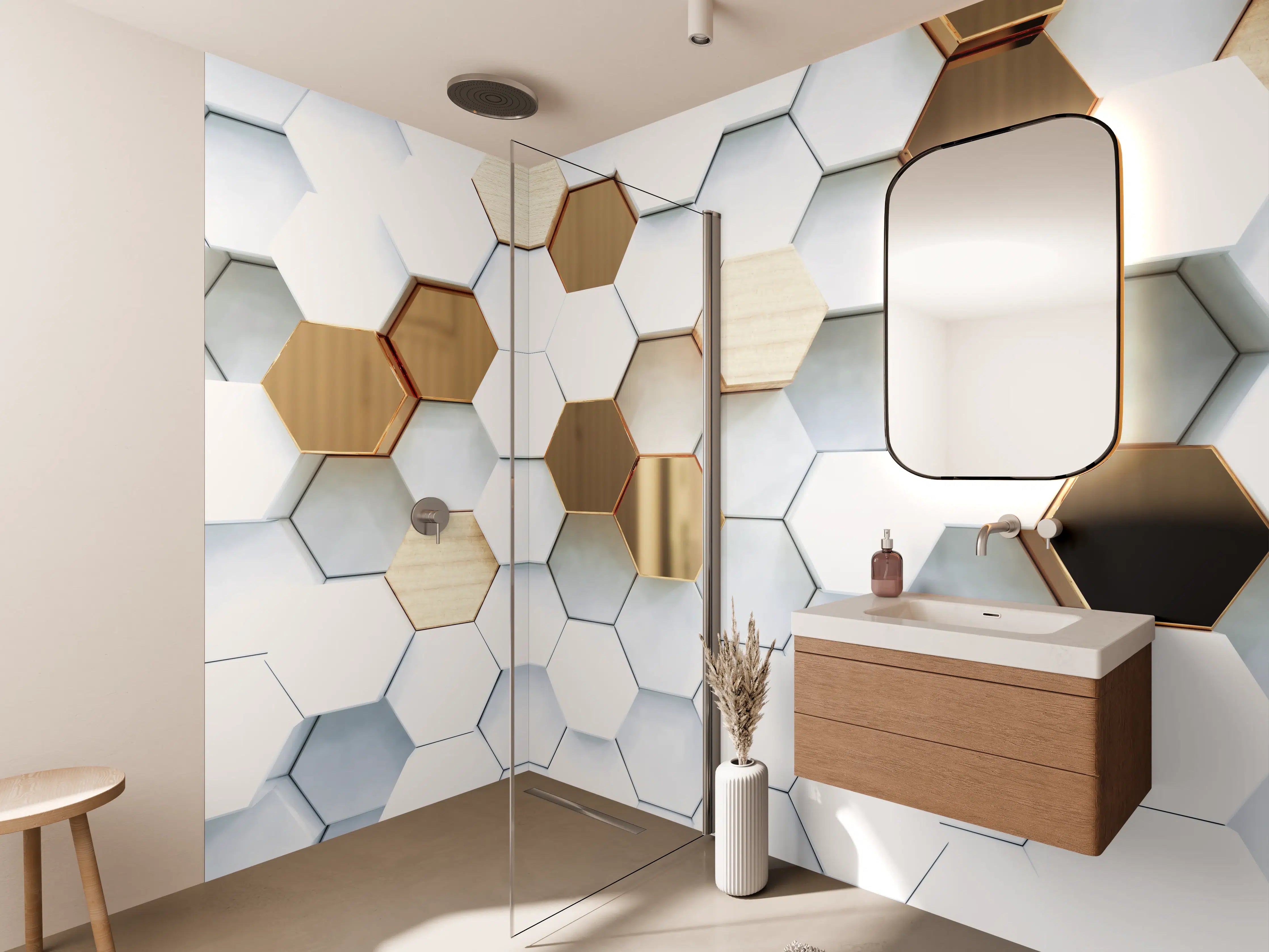 Wandverkleidung Bad - Goldene Hexagon Luxusstruktur