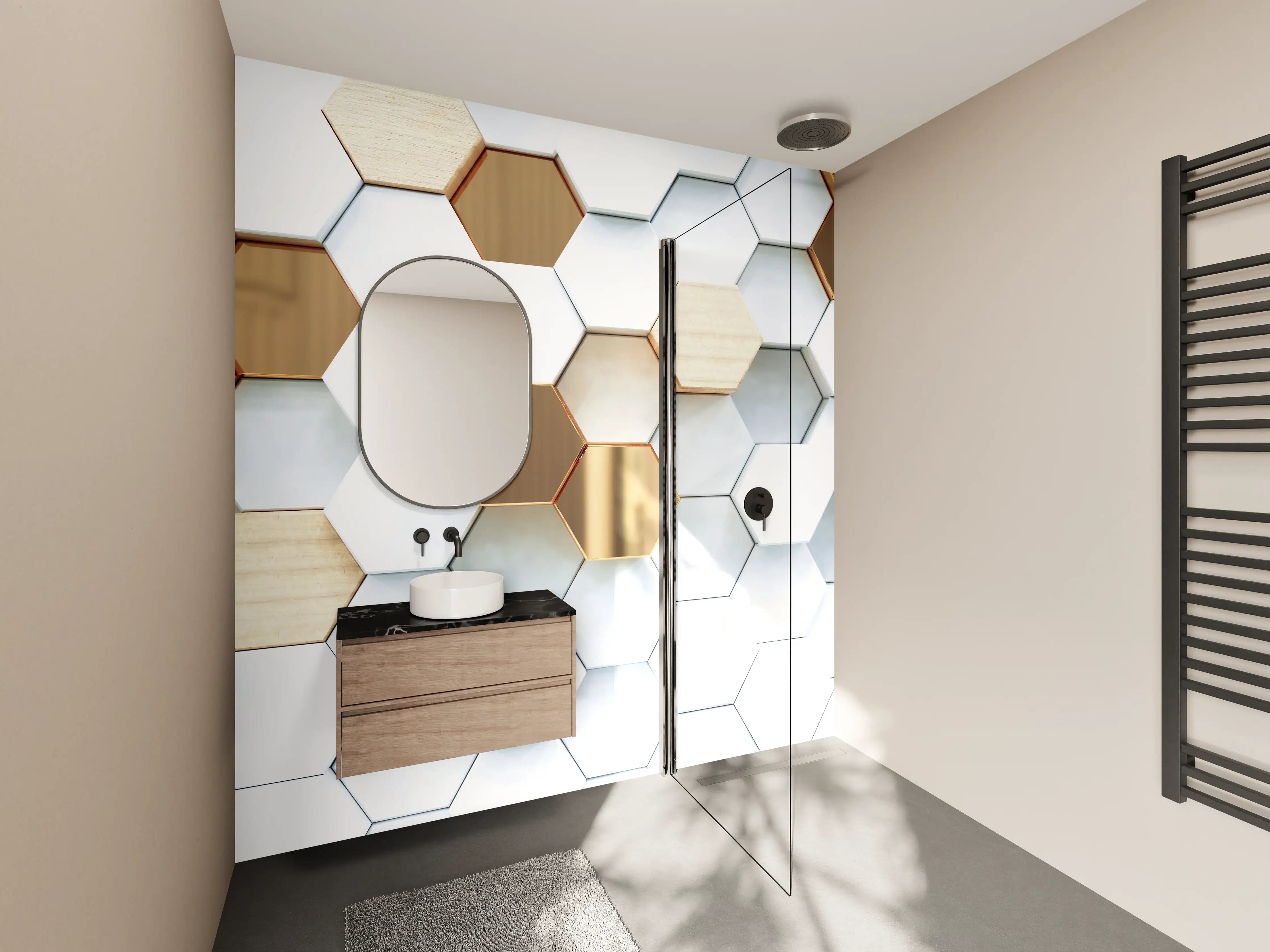 Wandverkleidung Bad - Goldene Hexagon Luxusstruktur