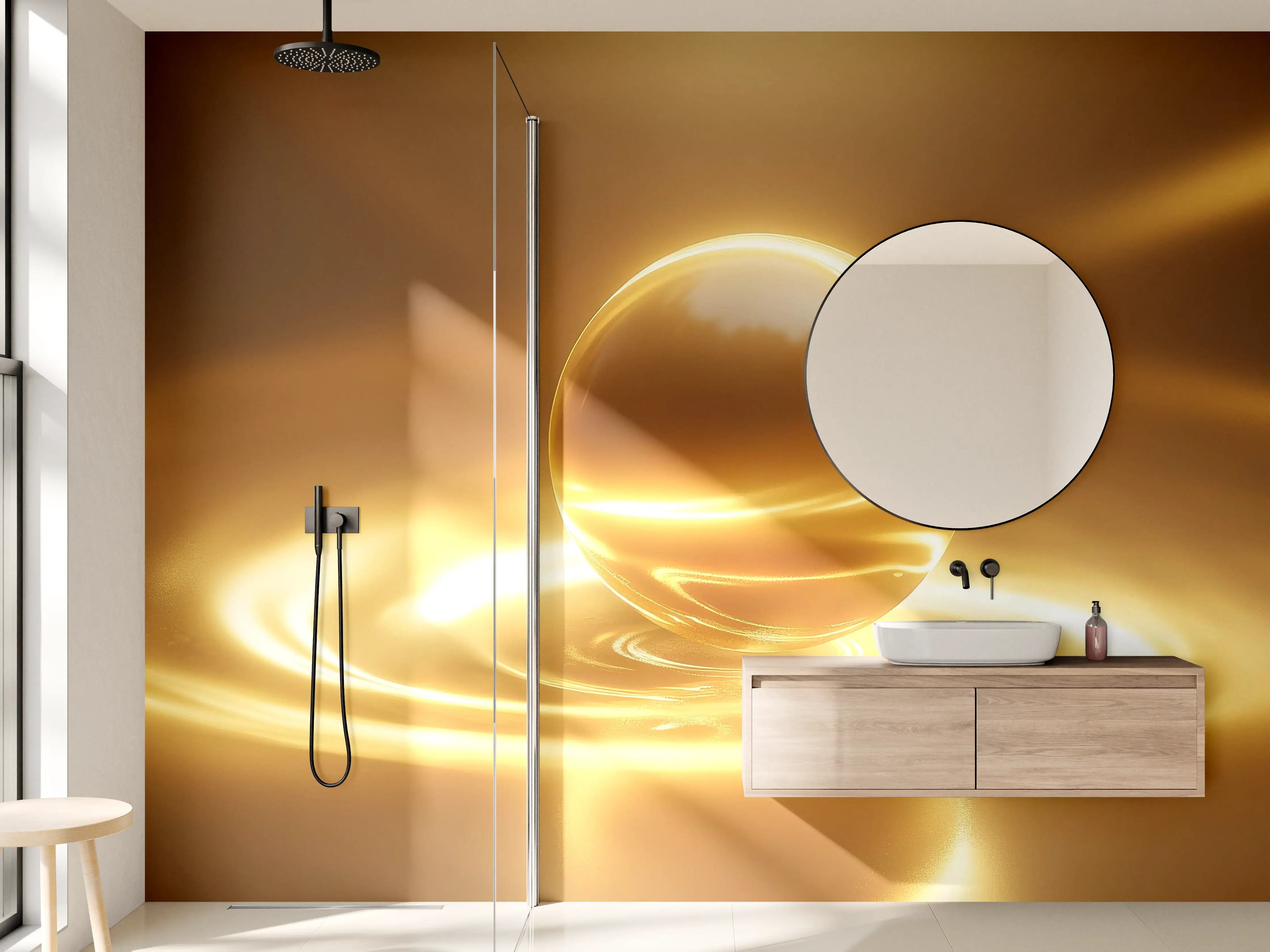 Wandverkleidung Bad - Goldene Kugel auf Wasser mit Lichteffekten