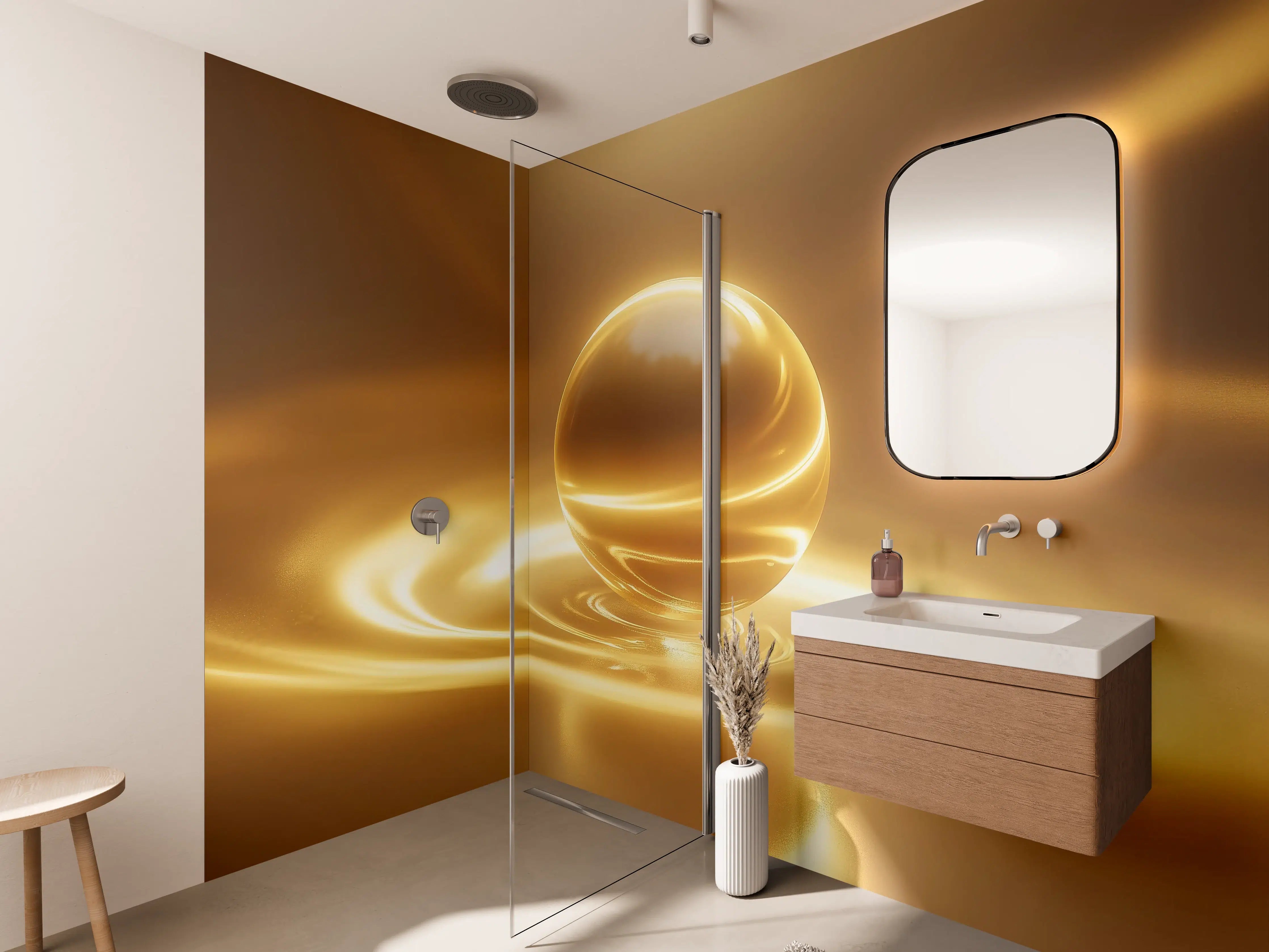 Wandverkleidung Bad - Goldene Kugel auf Wasser mit Lichteffekten