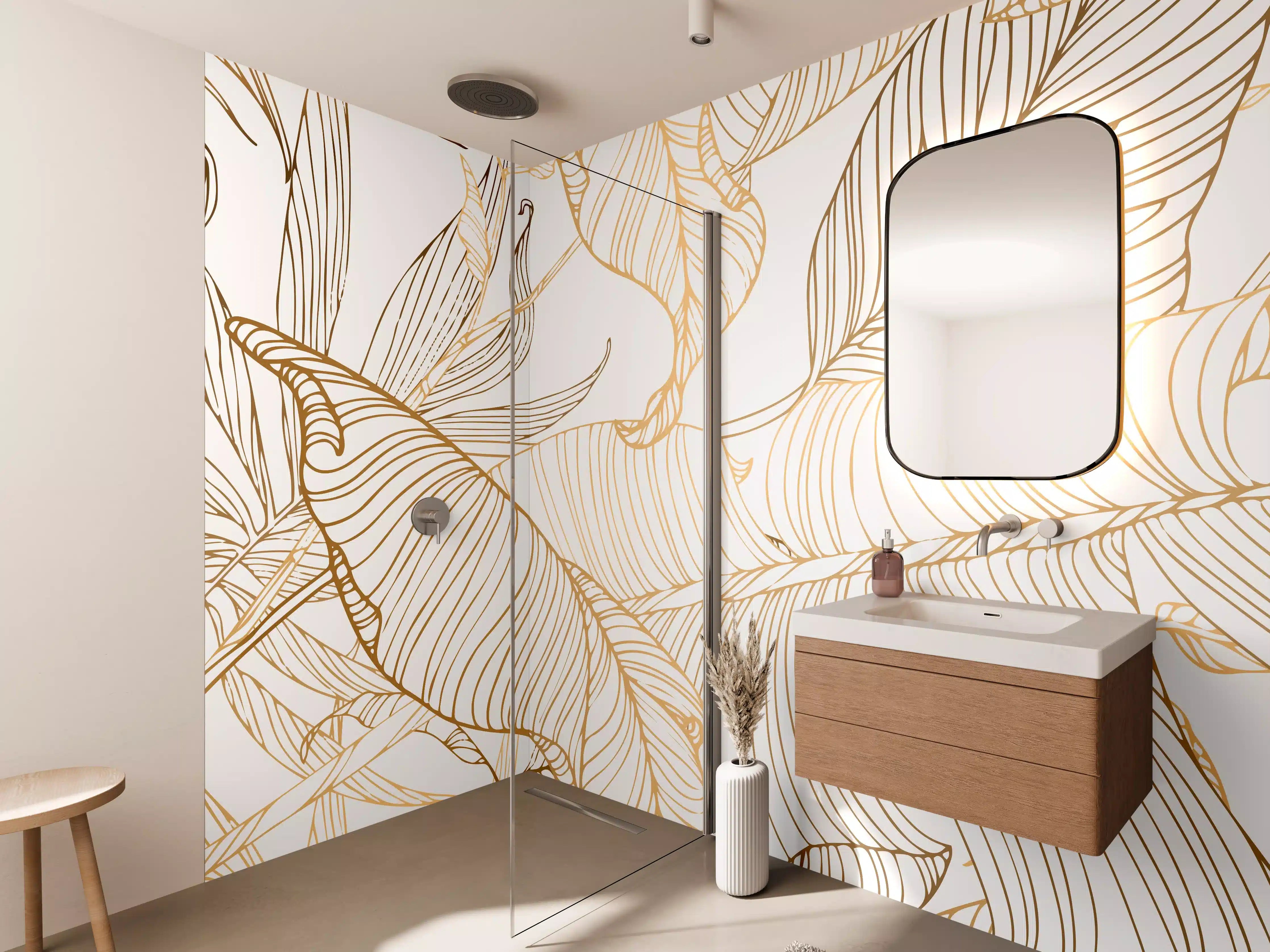 Wandverkleidung Bad - Goldene Lineart Blattmuster Kunst