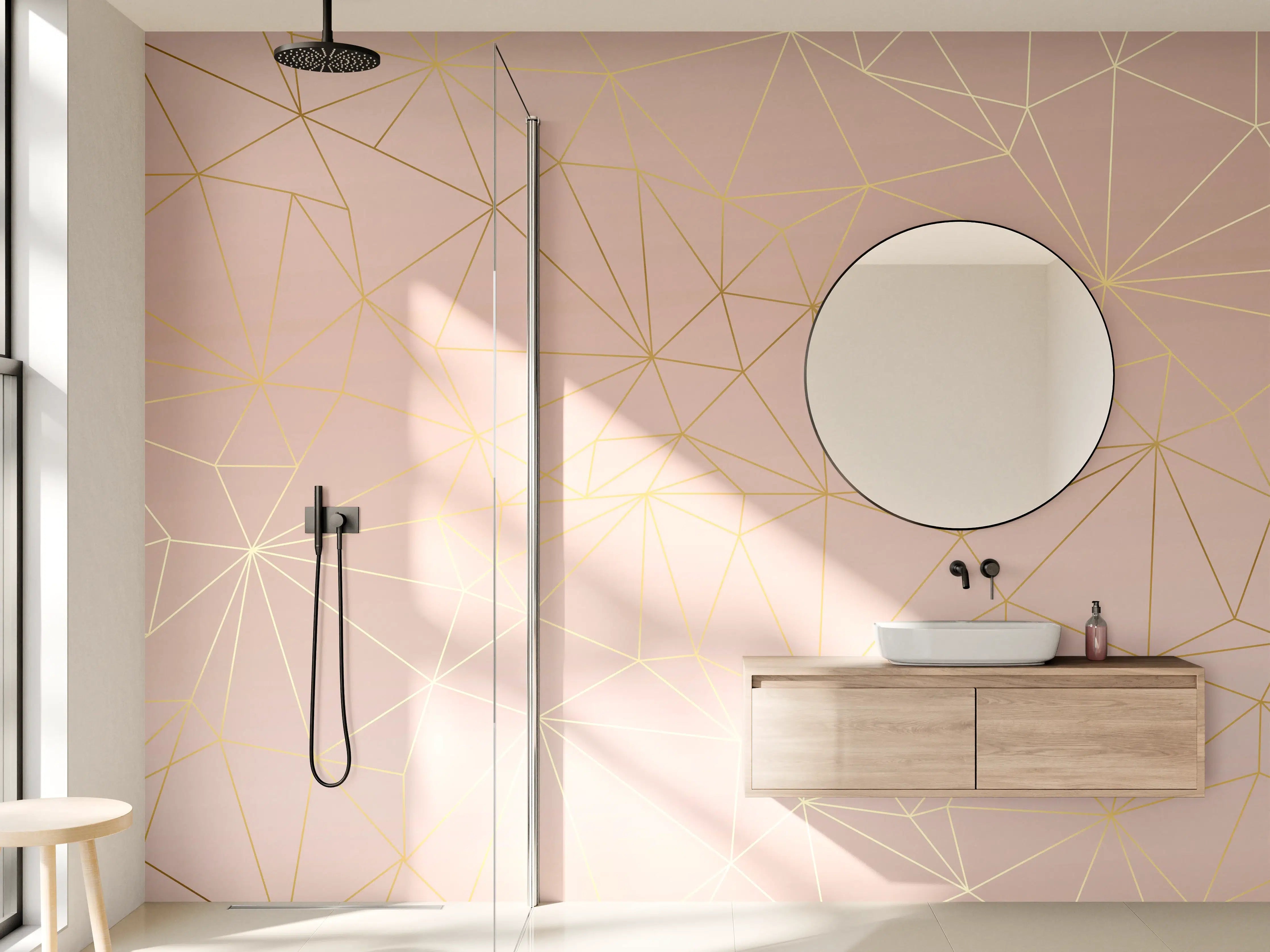 Wandverkleidung Bad - Goldene Linien auf Beige Hintergrund