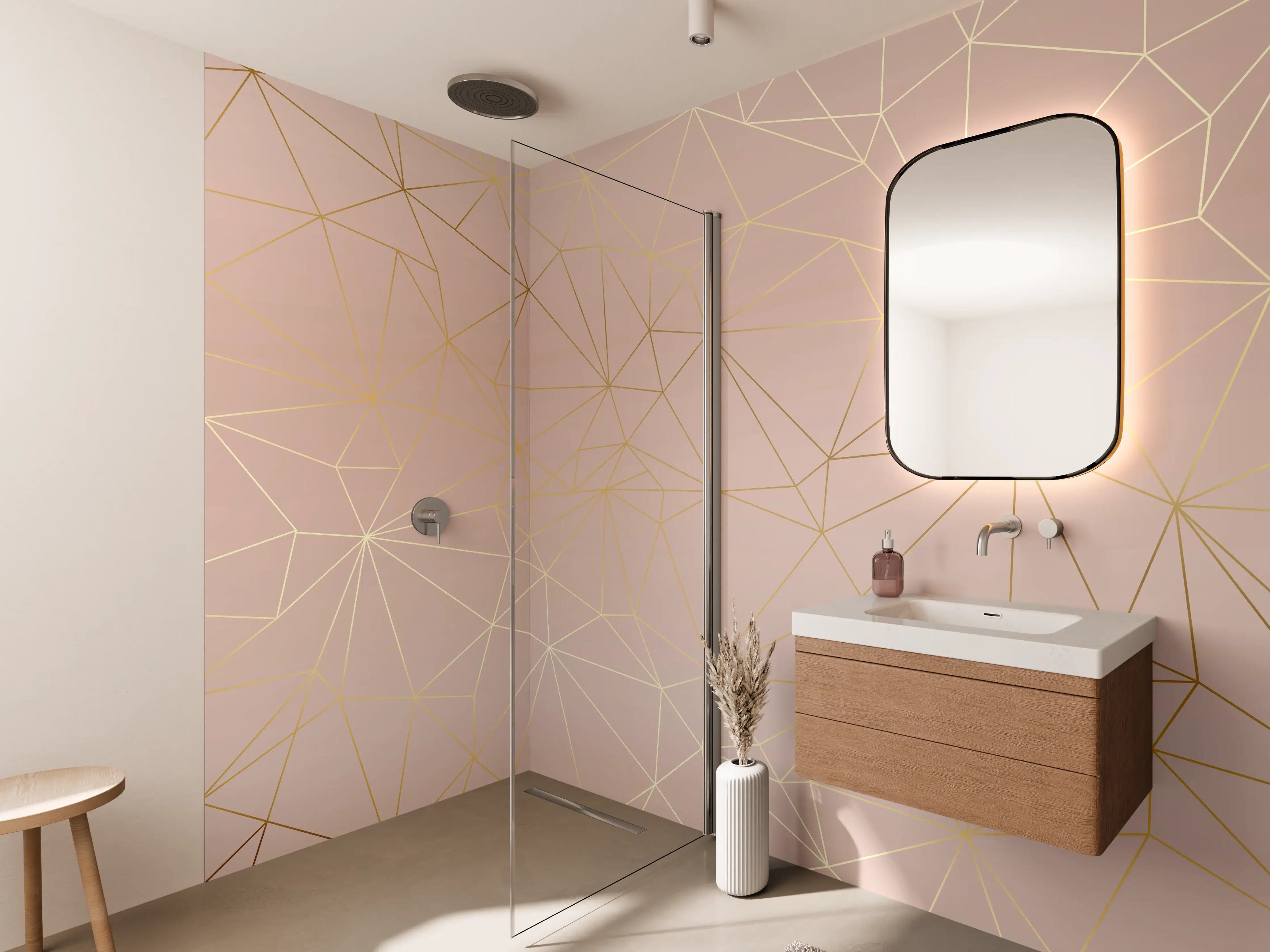 Wandverkleidung Bad - Goldene Linien auf Beige Hintergrund