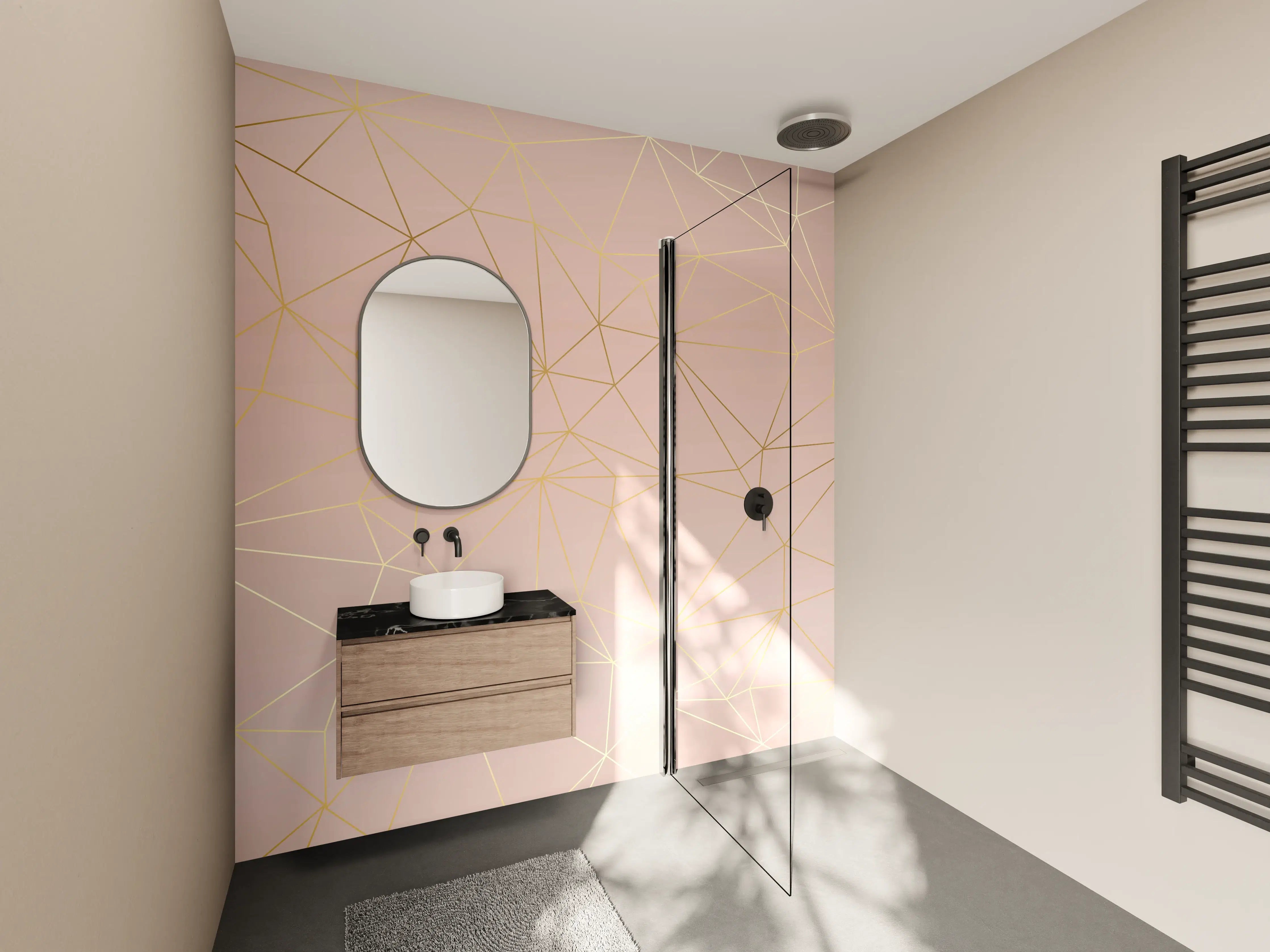 Wandverkleidung Bad - Goldene Linien auf Beige Hintergrund