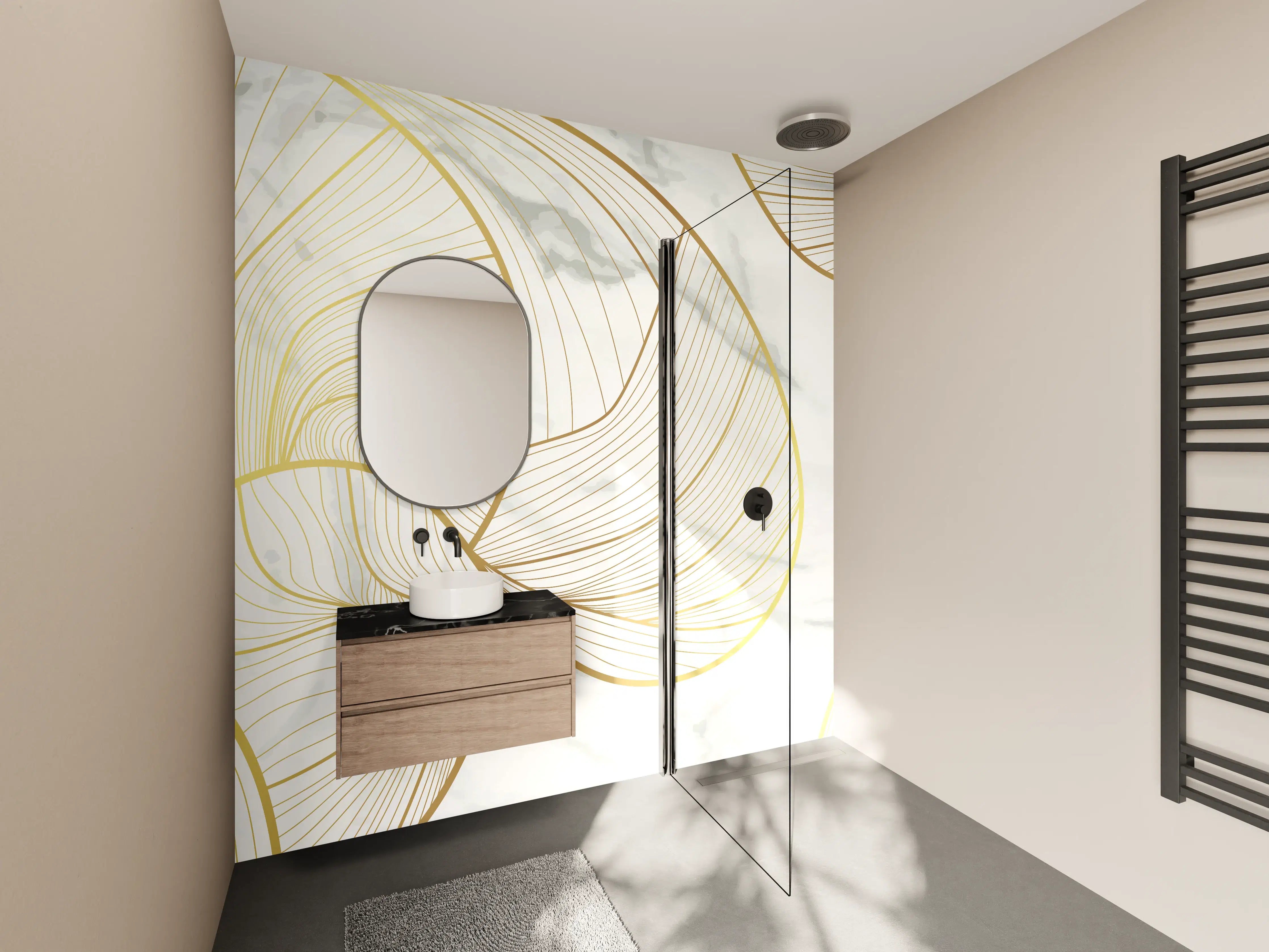 Wandverkleidung Bad - Goldene Linien auf Marmor