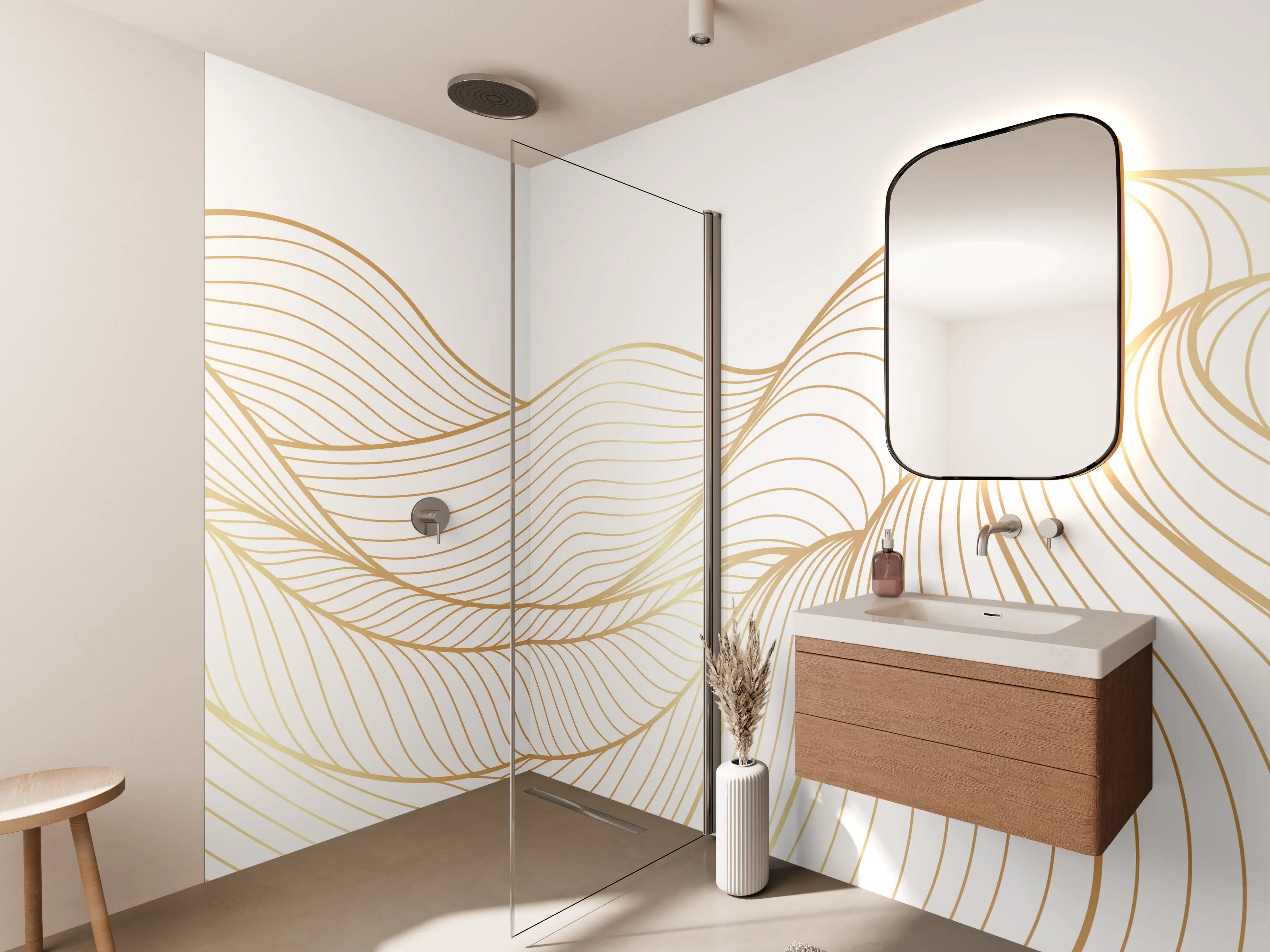Wandverkleidung Bad - Goldene Linien auf weißem Hintergrund