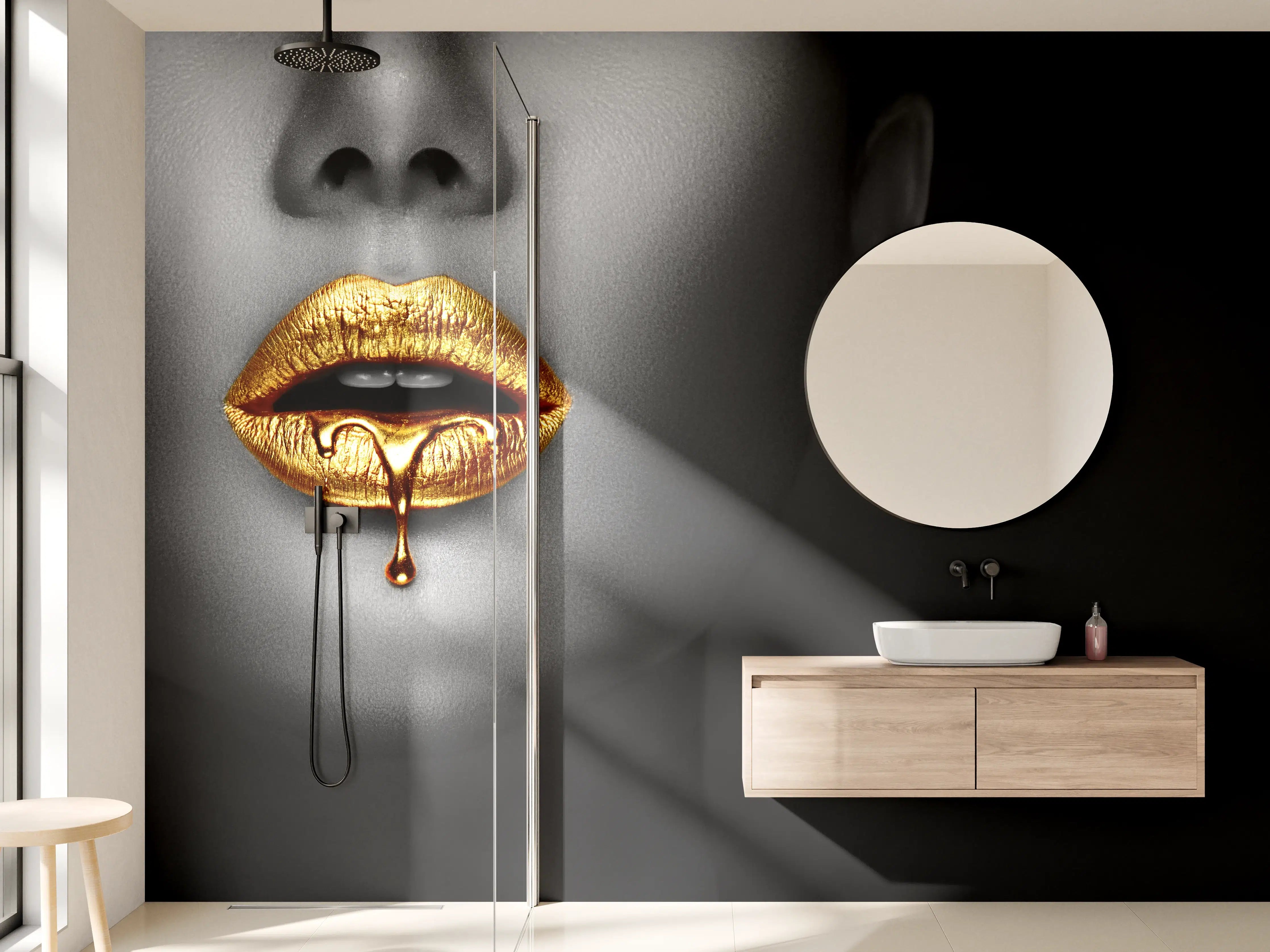 Wandverkleidung Bad - Goldene Lippen Liquid Art