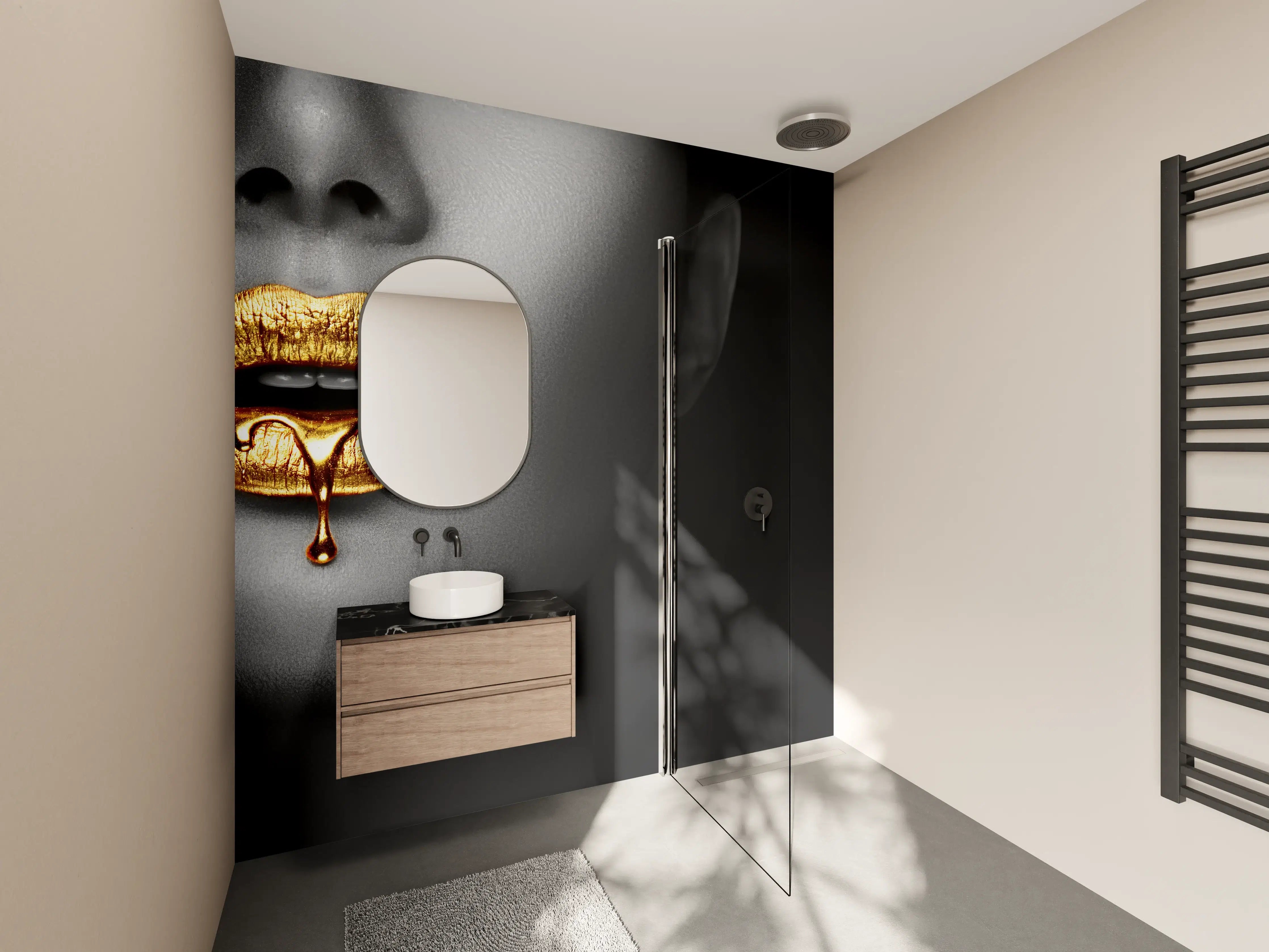 Wandverkleidung Bad - Goldene Lippen Liquid Art