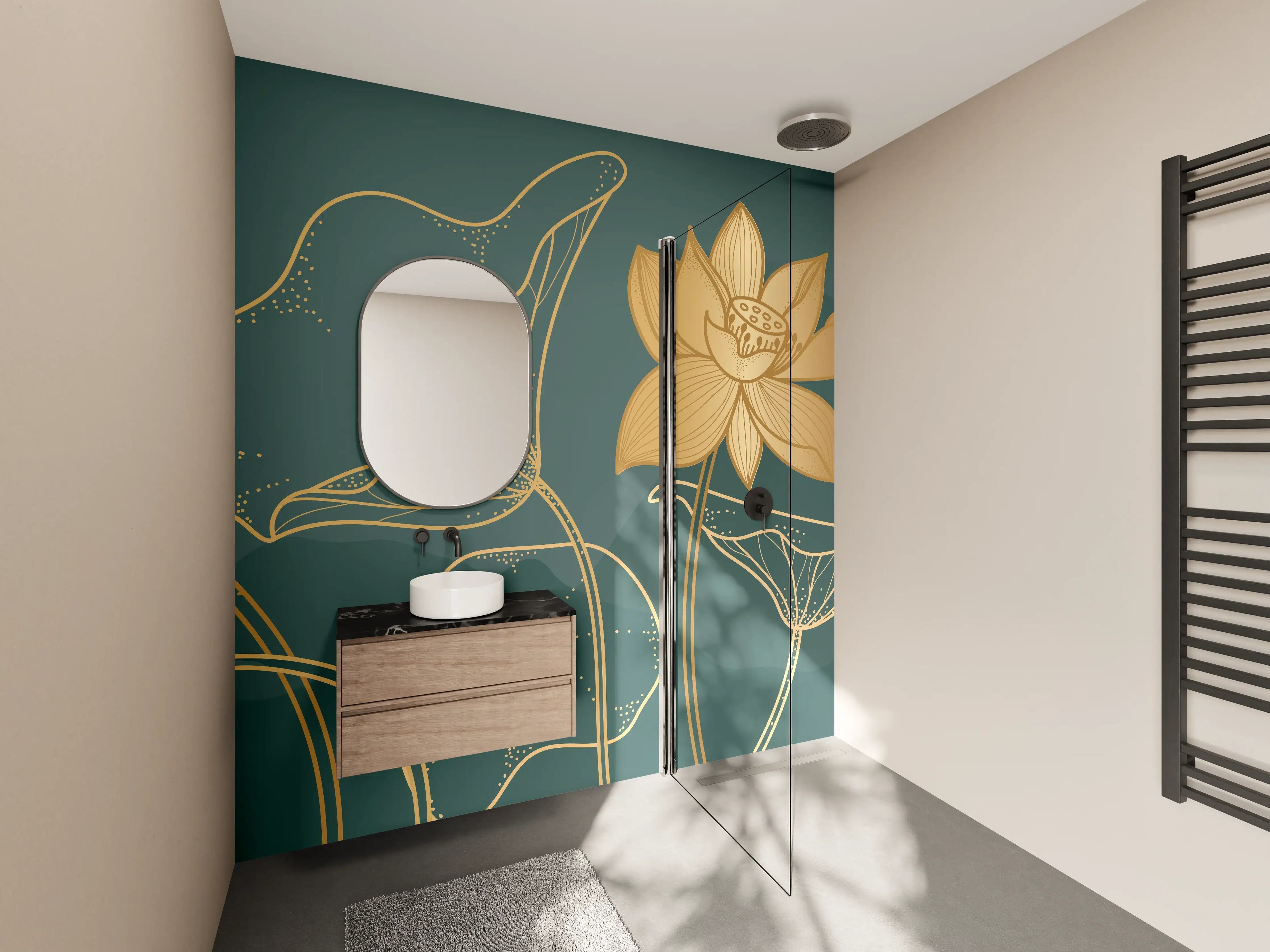 Wandverkleidung Bad - Goldene Lotus Linienzeichnung