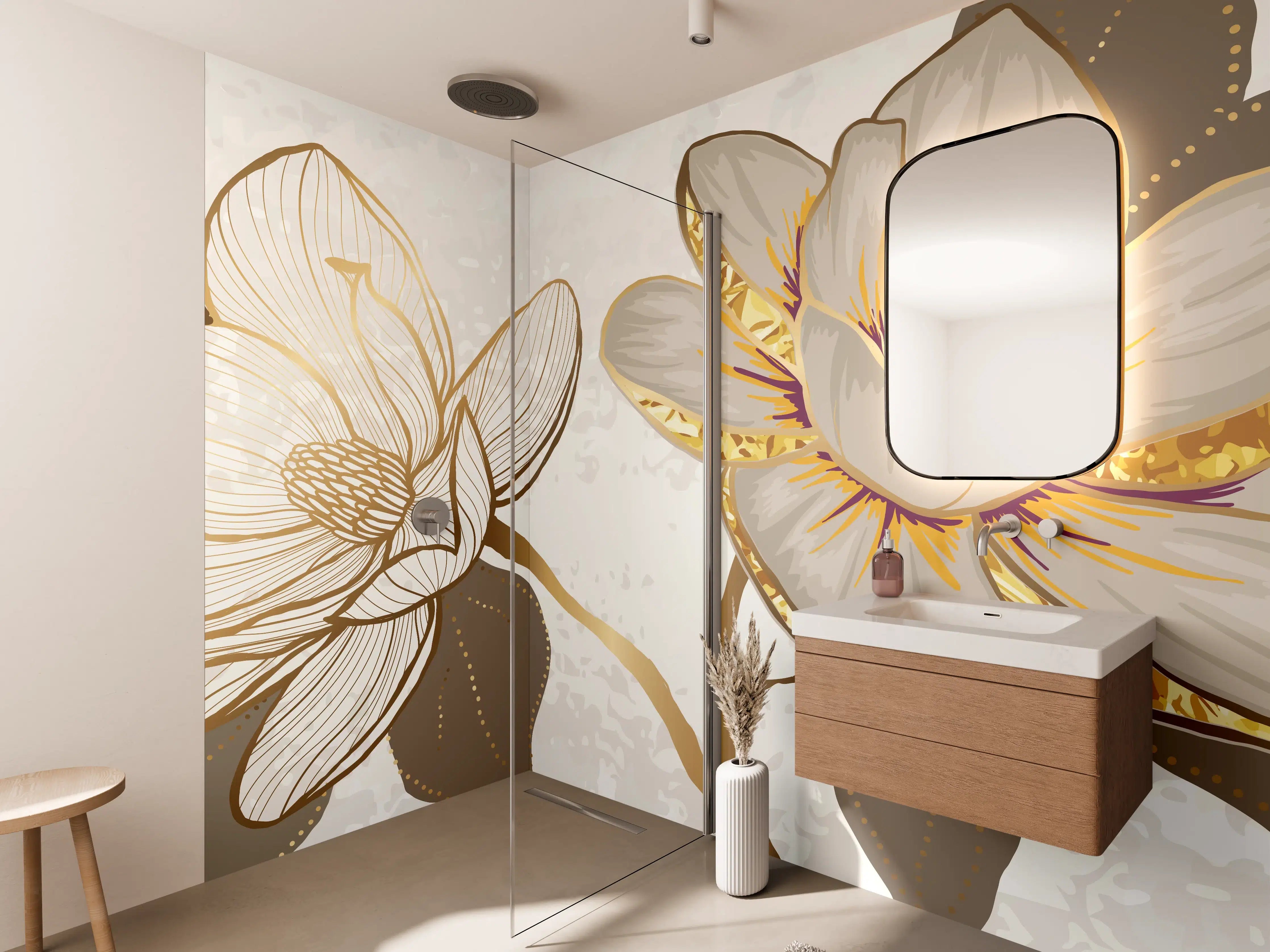 Wandverkleidung Bad - Goldene Magnolien Kunst-Design