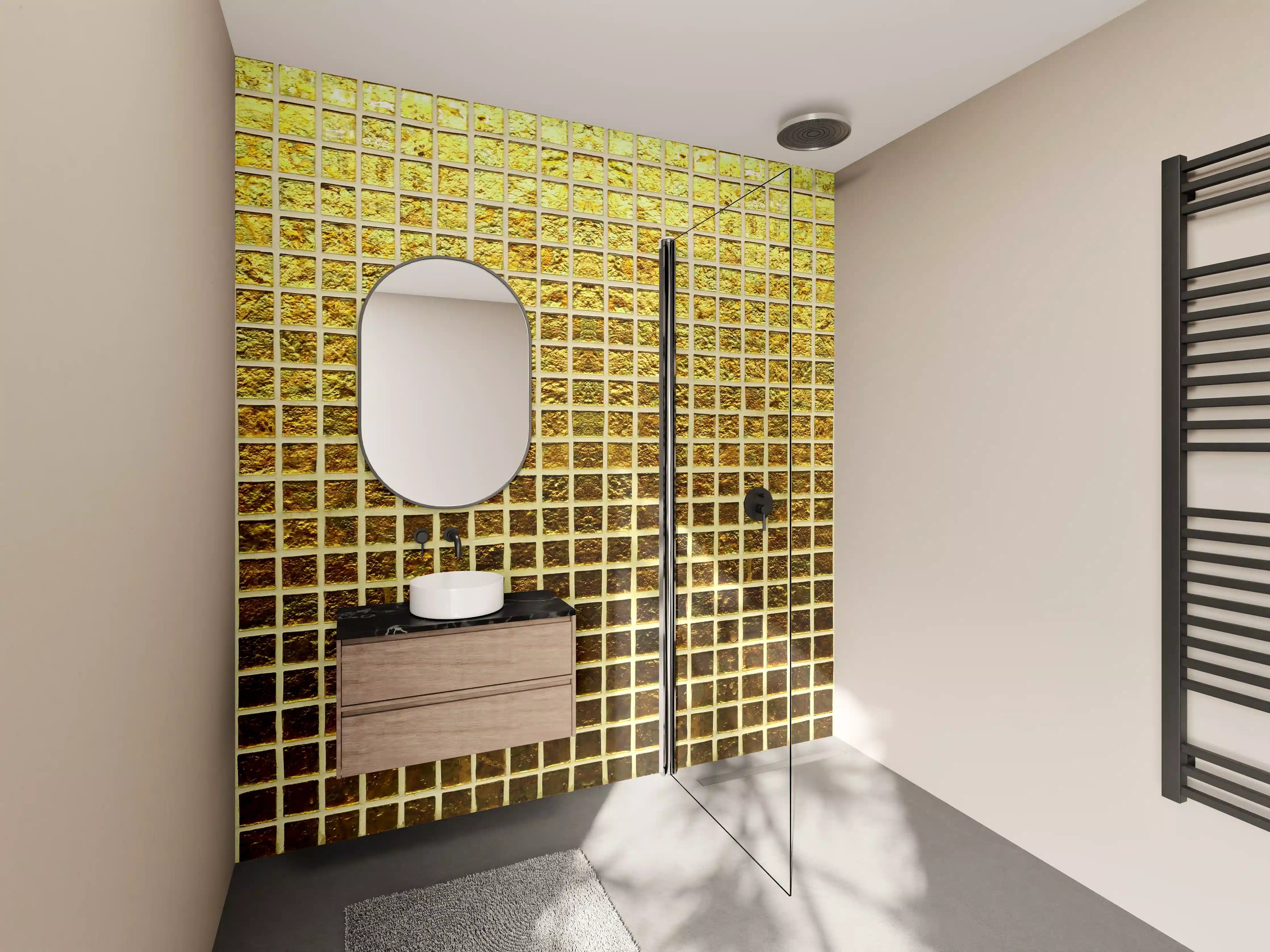 Wandverkleidung Bad - Goldene Mosaikfliese mit warmen Farbtönen