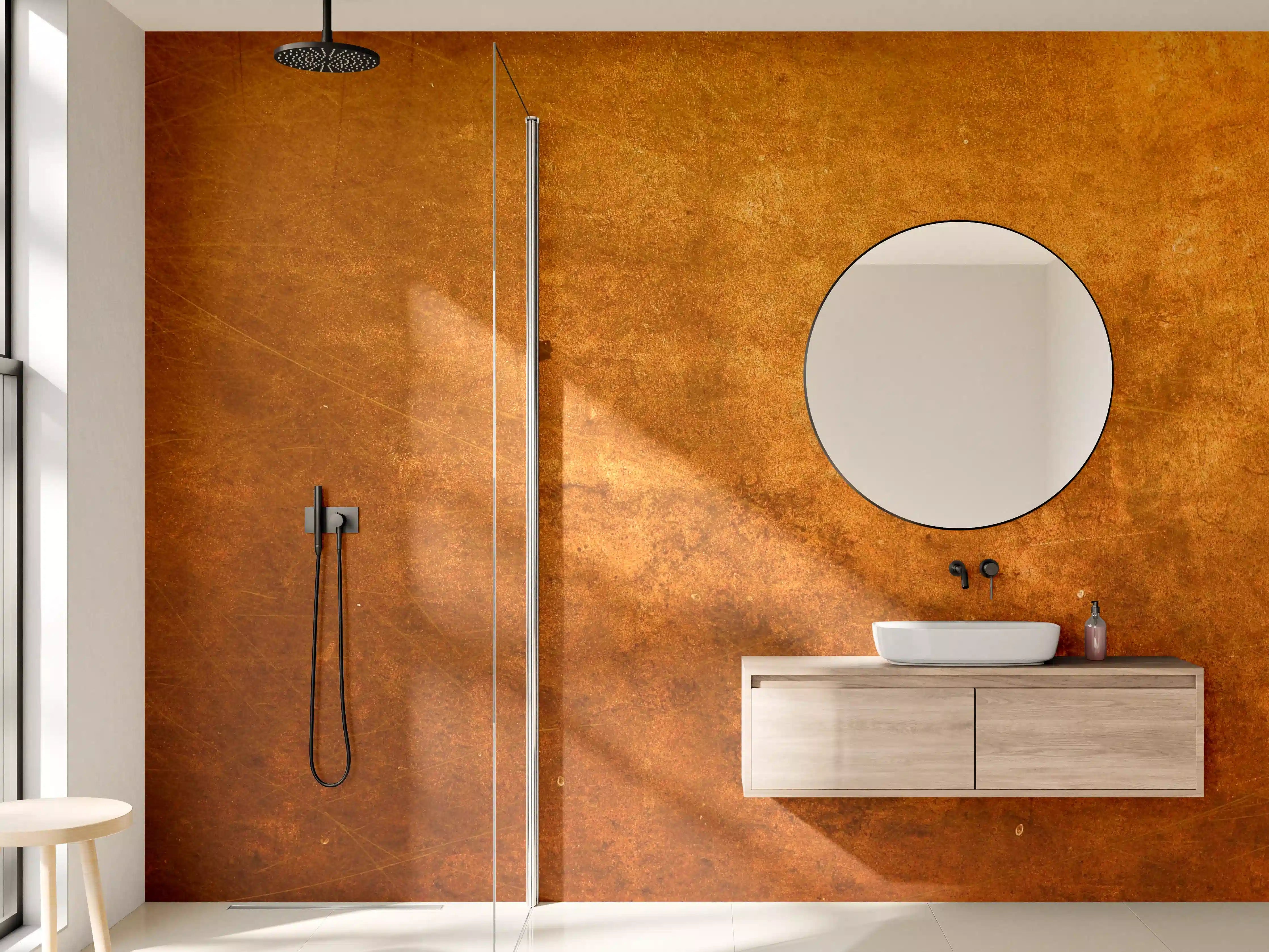 Wandverkleidung Bad - Goldene Patina mit Grauton-Detail