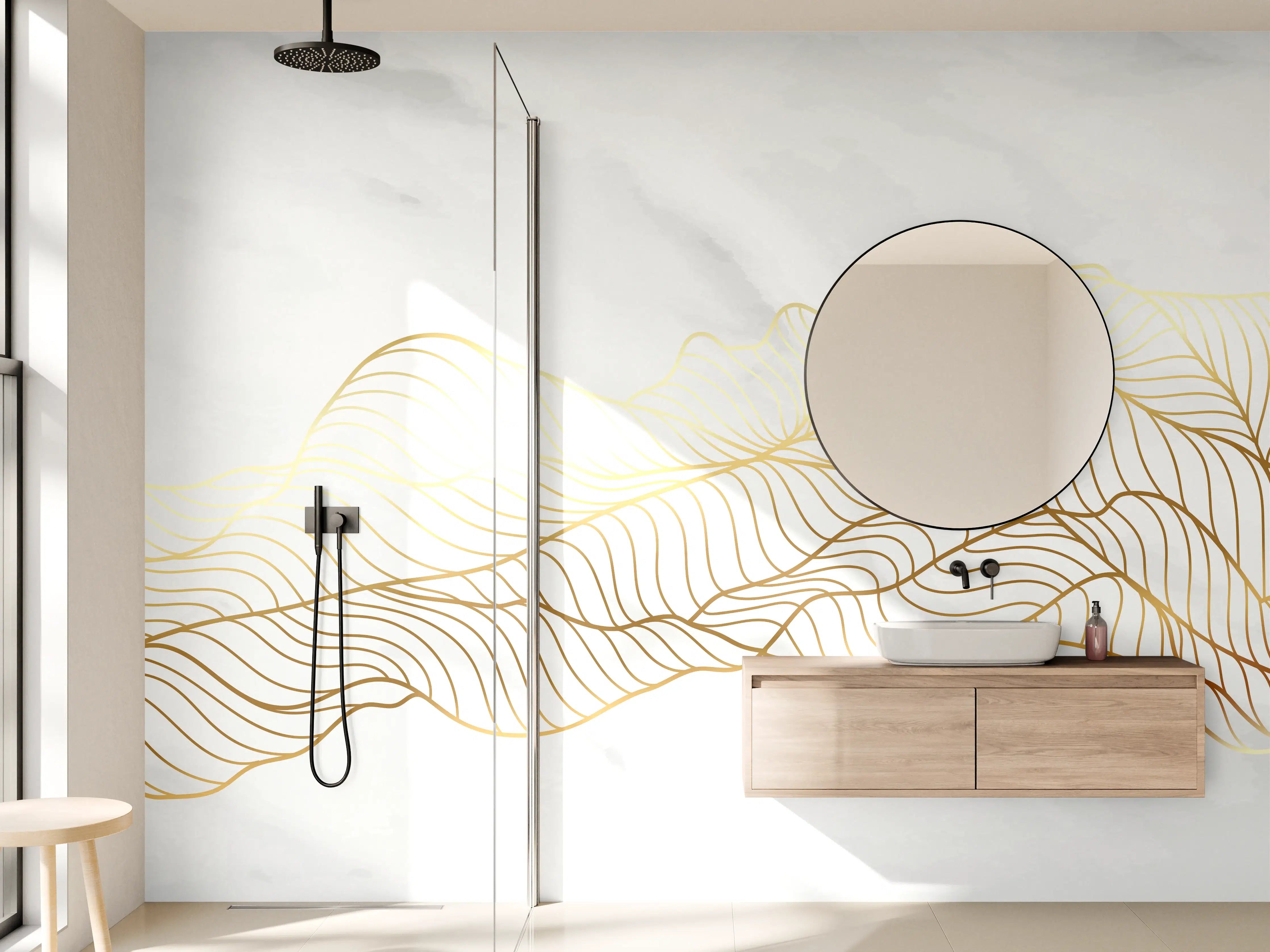 Wandverkleidung Bad - Goldene Welle auf Marmor