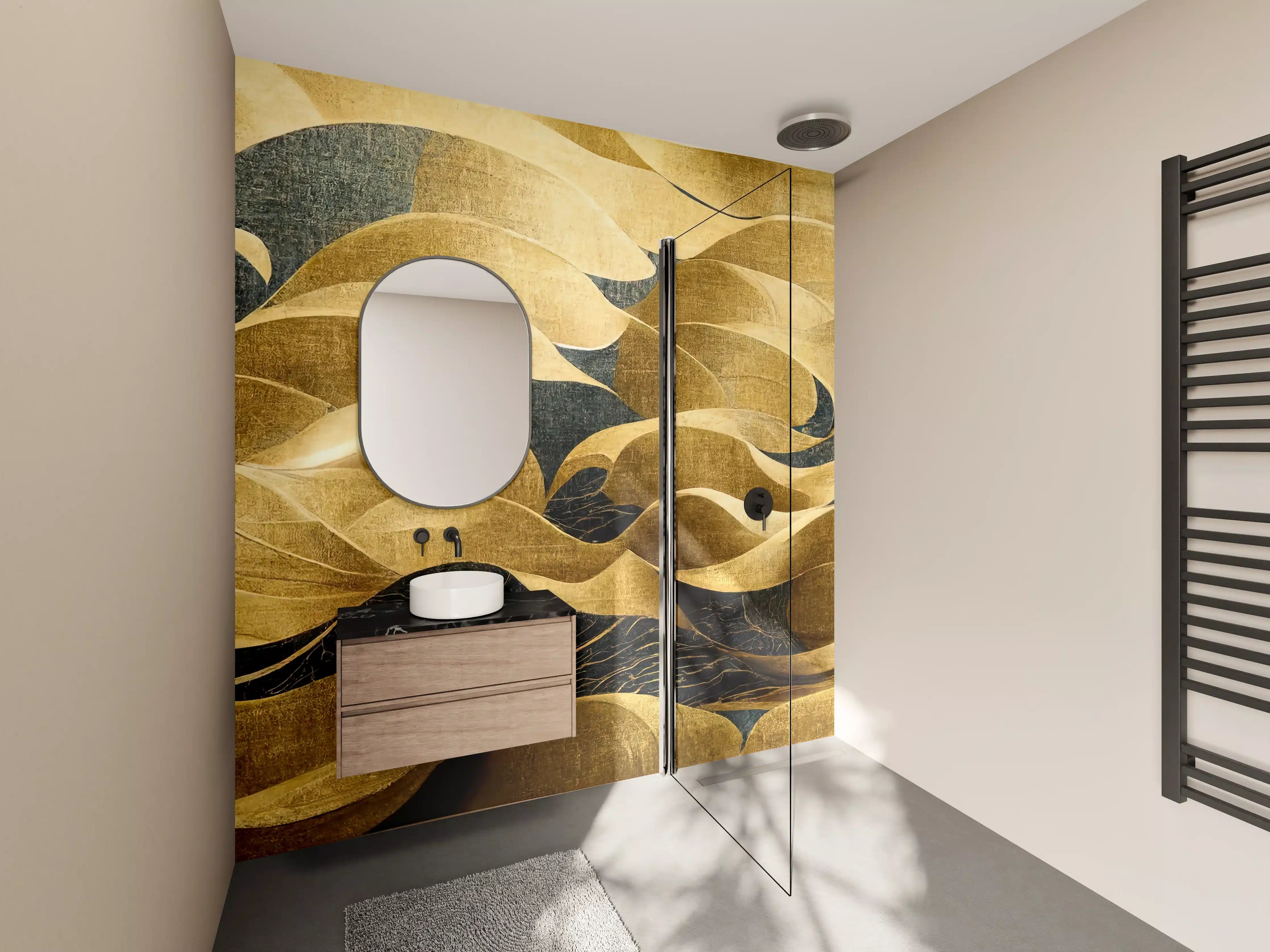 Wandverkleidung Bad - Goldene Wellen im Kunststil