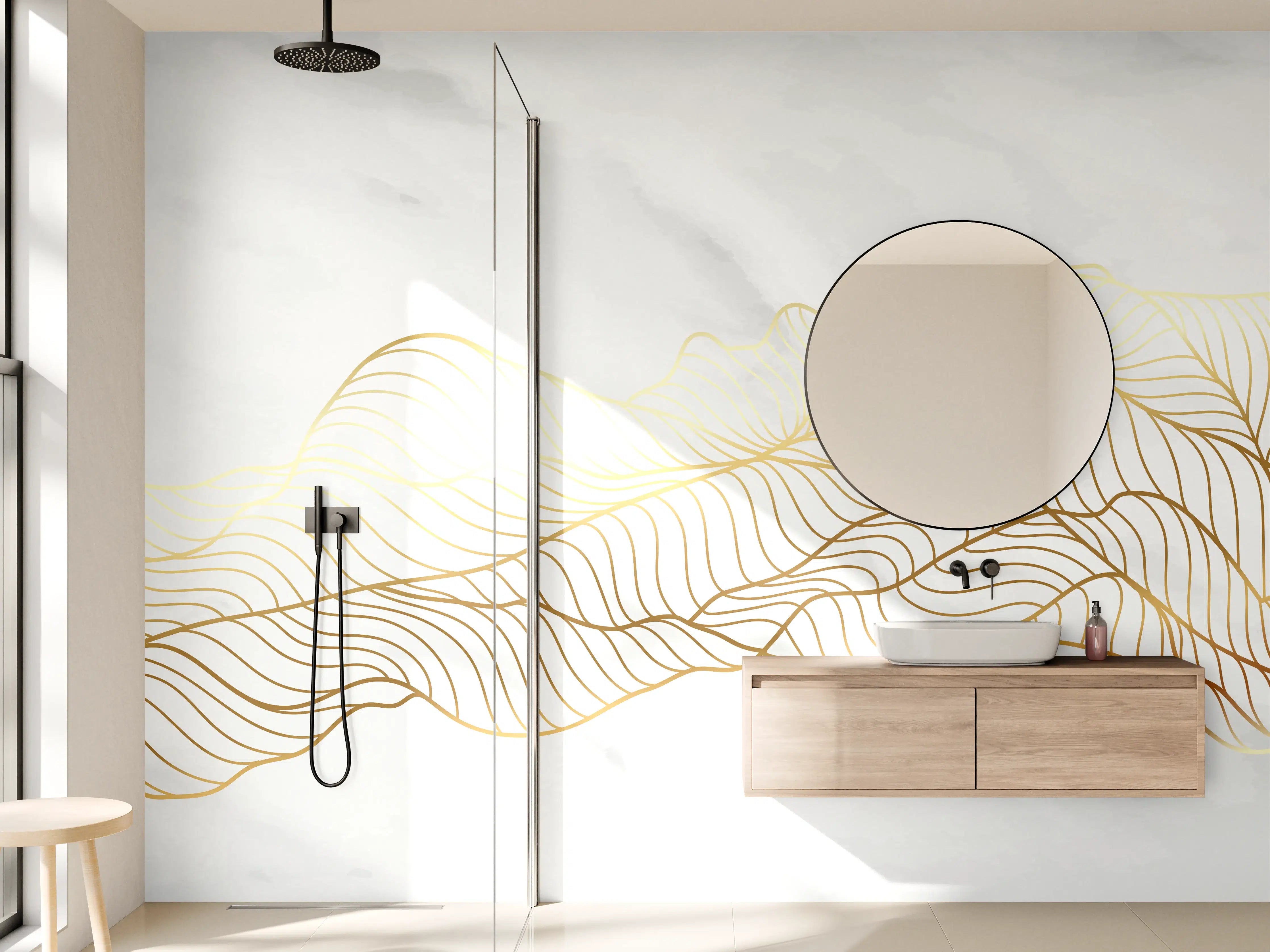 Wandverkleidung Bad - Goldene Wellenlinien auf Marmor