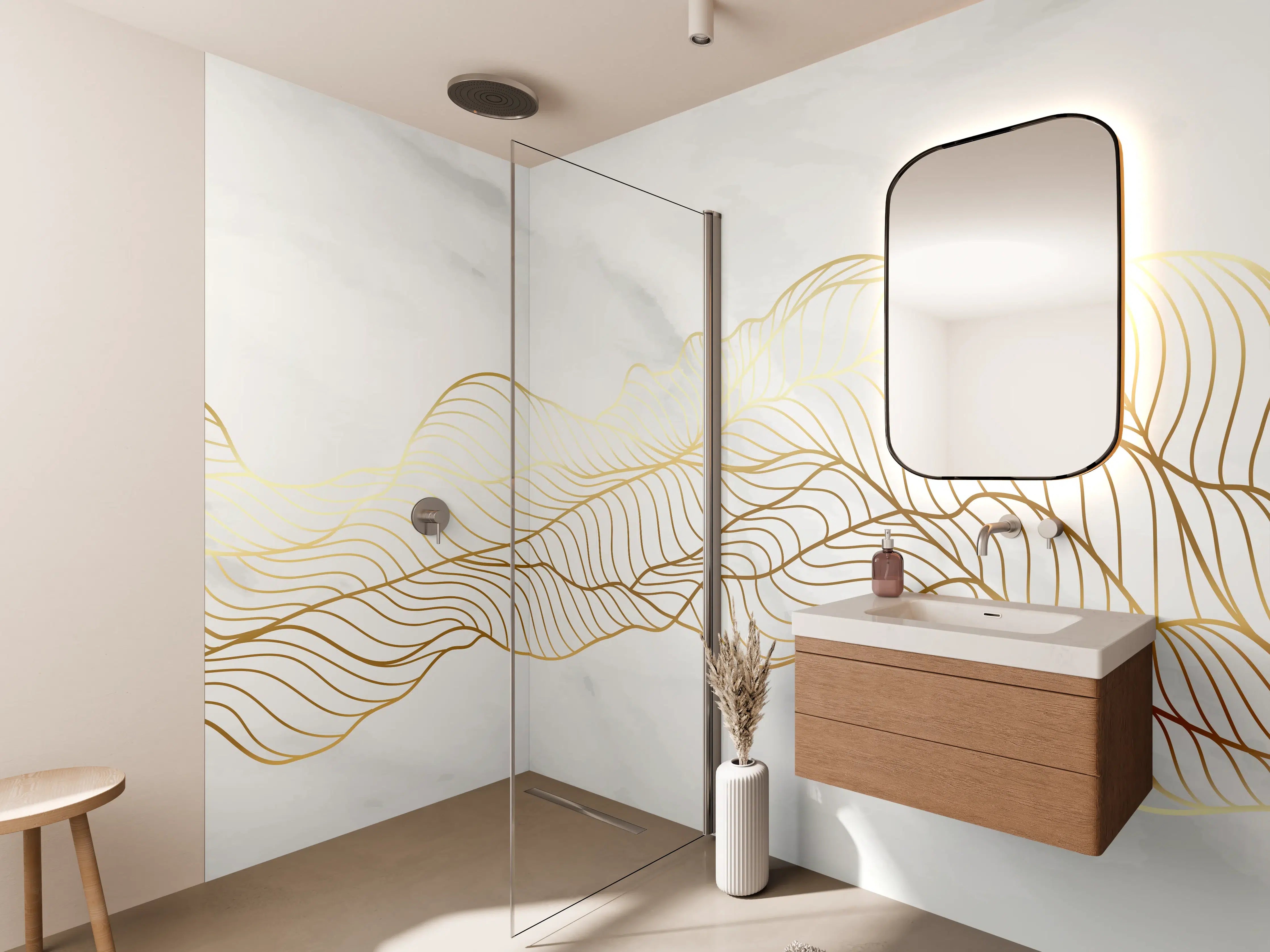 Wandverkleidung Bad - Goldene Wellenlinien auf Marmor