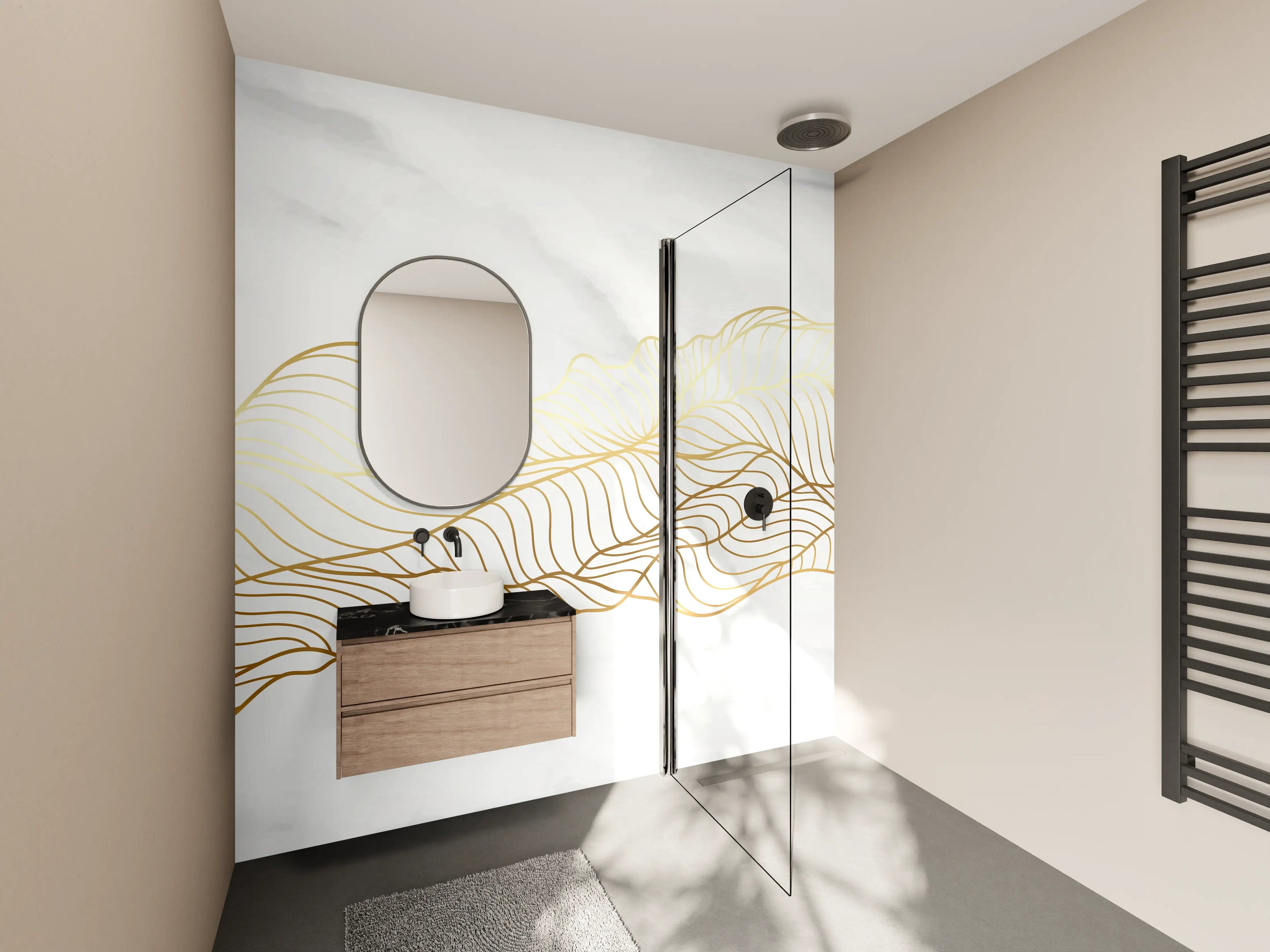 Wandverkleidung Bad - Goldene Wellenlinien auf Marmor