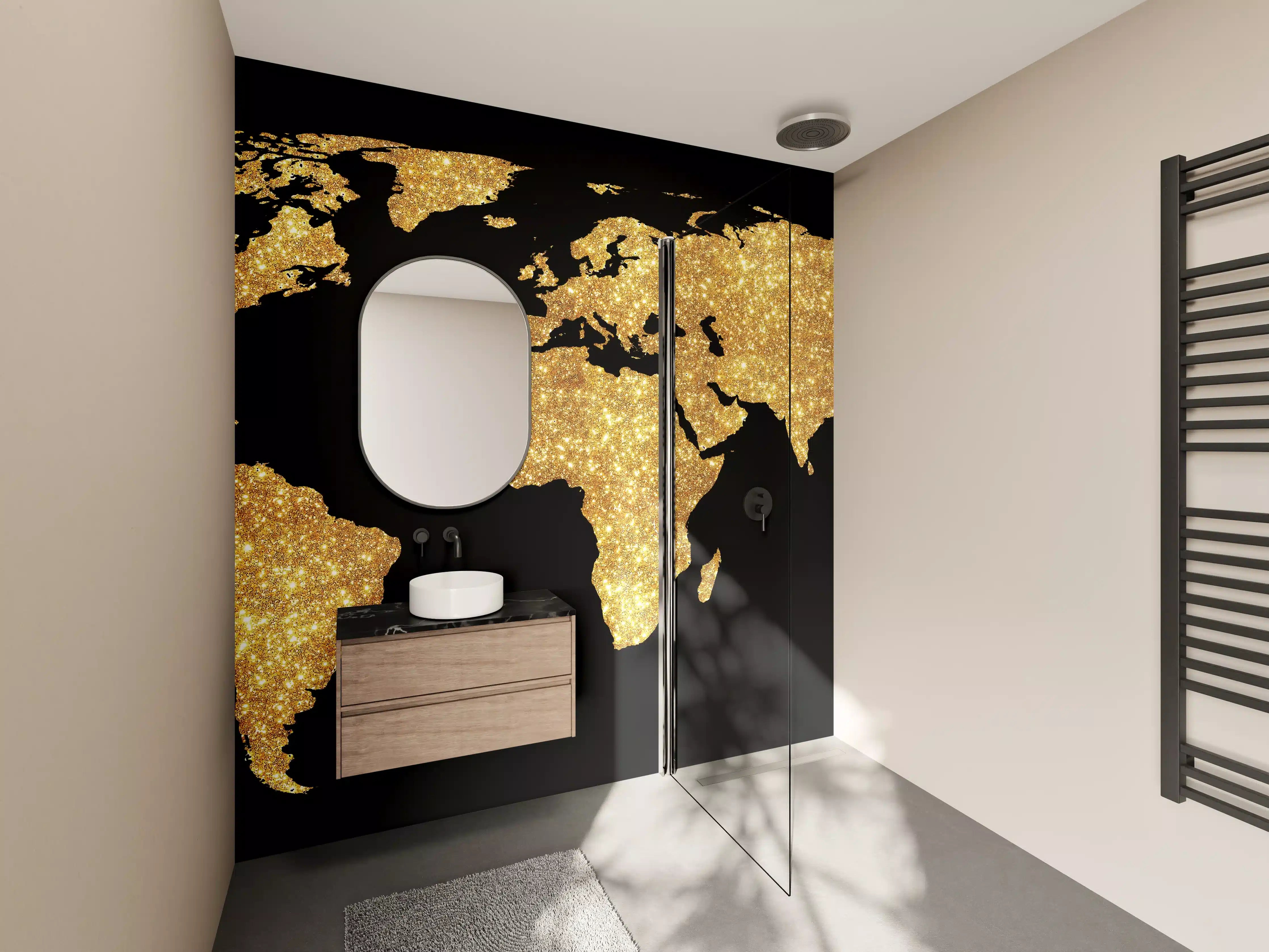 Wandverkleidung Bad - Goldene Weltkarte Nachtlicht