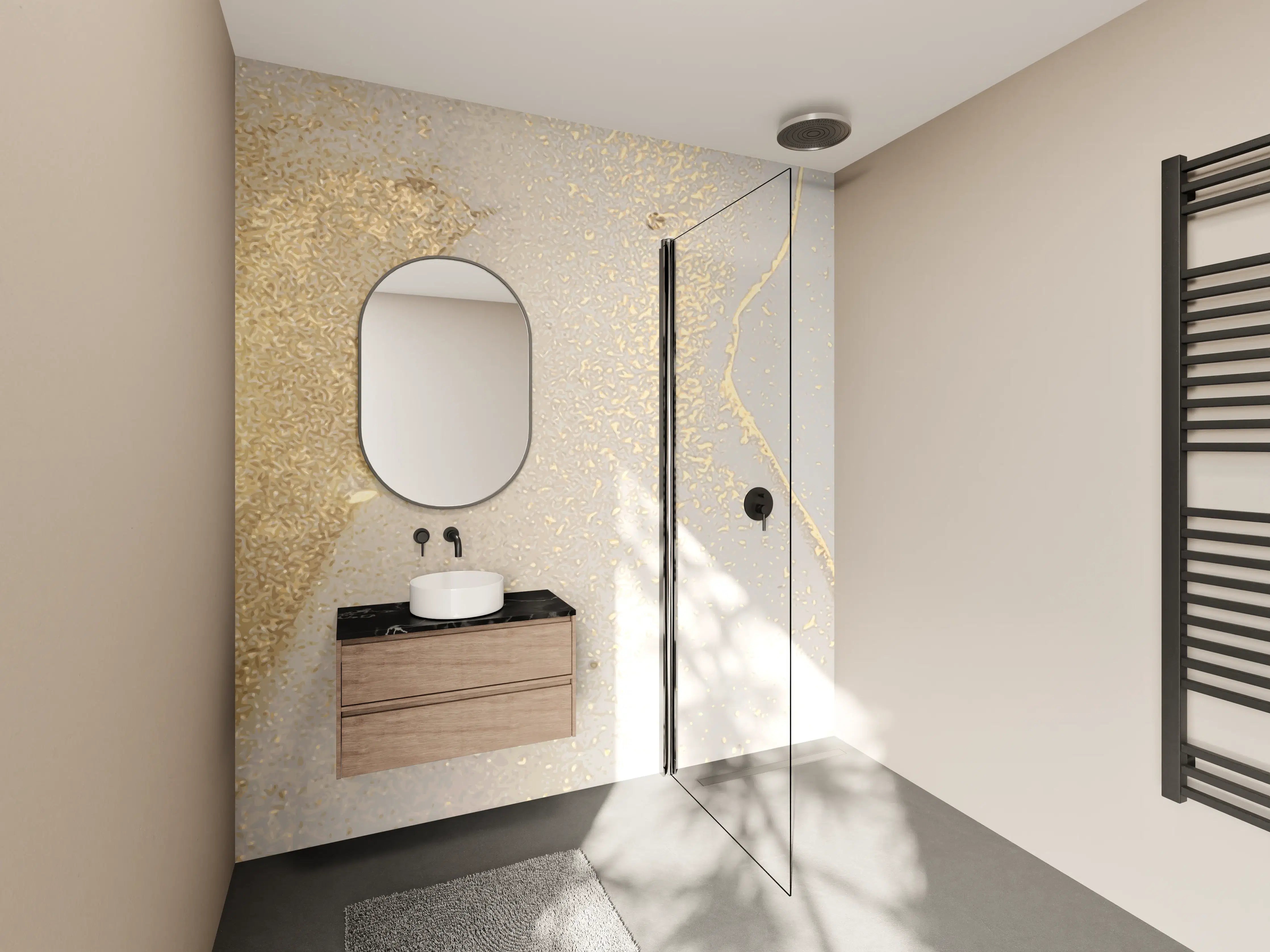 Wandverkleidung Bad - Goldener Glanz auf Cremeweiß