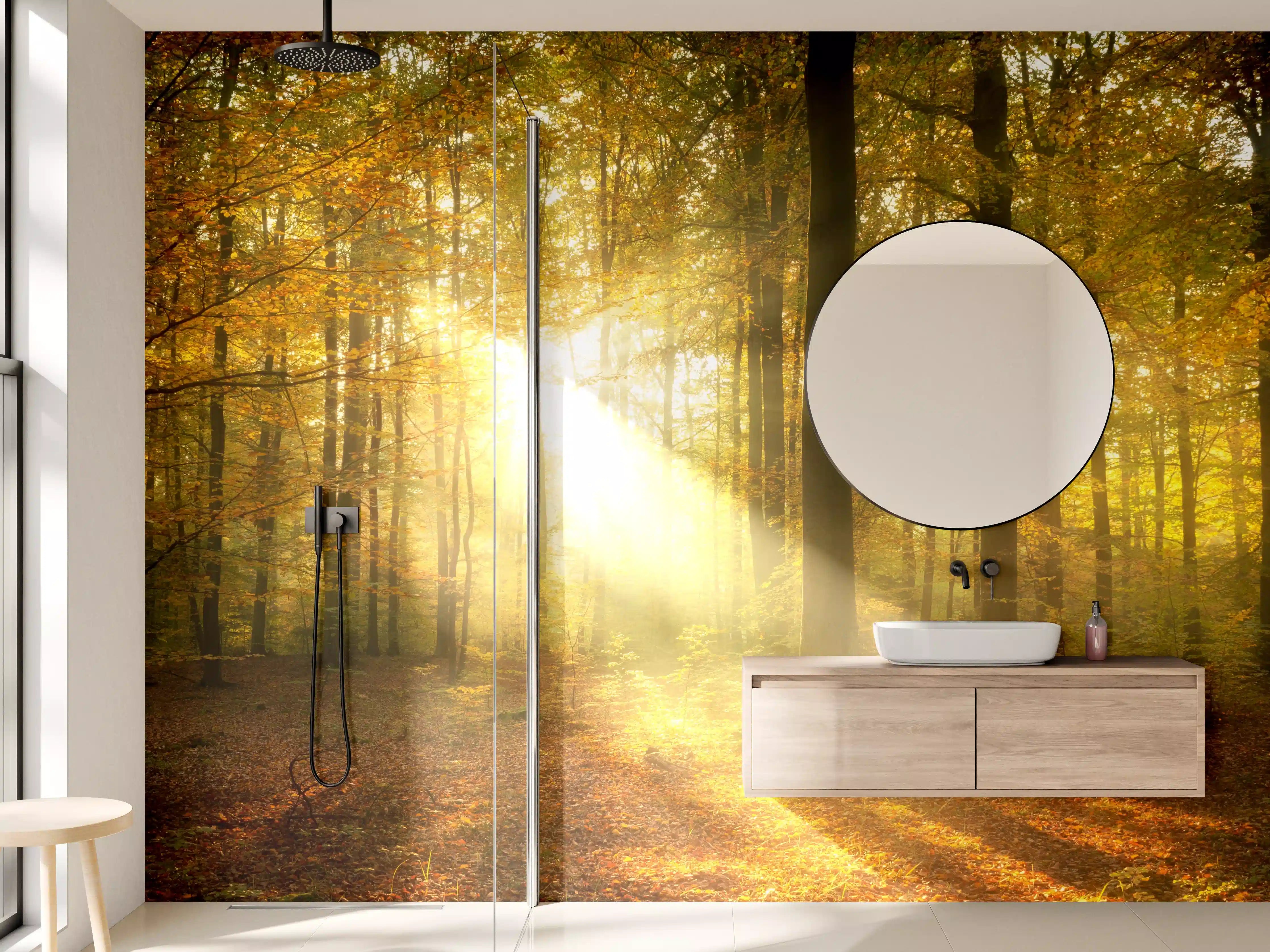 Wandverkleidung Bad - Goldener Sonnenstrahl im Herbstwald