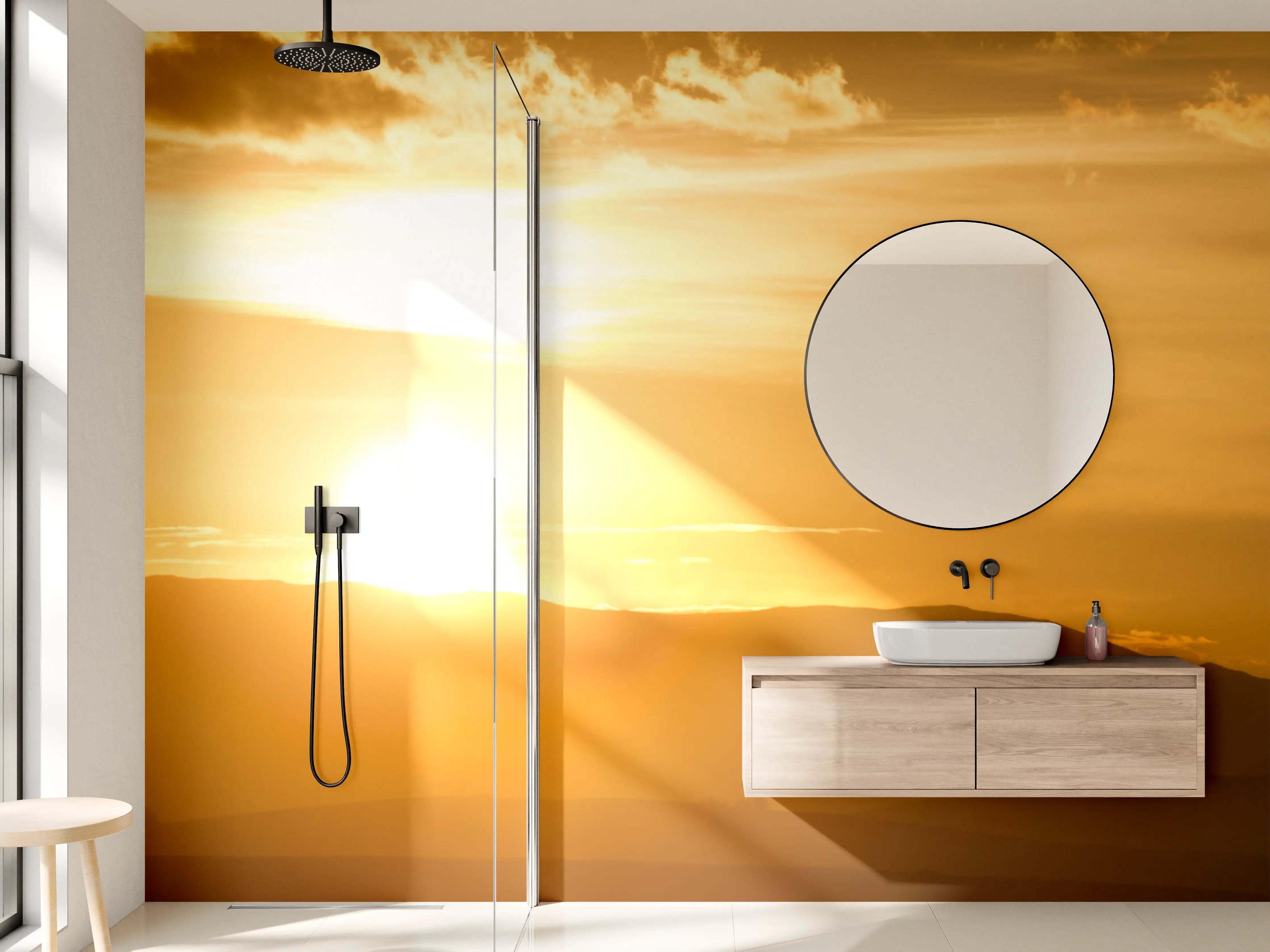 Wandverkleidung Bad - Goldener Sonnenuntergang über den Hügeln
