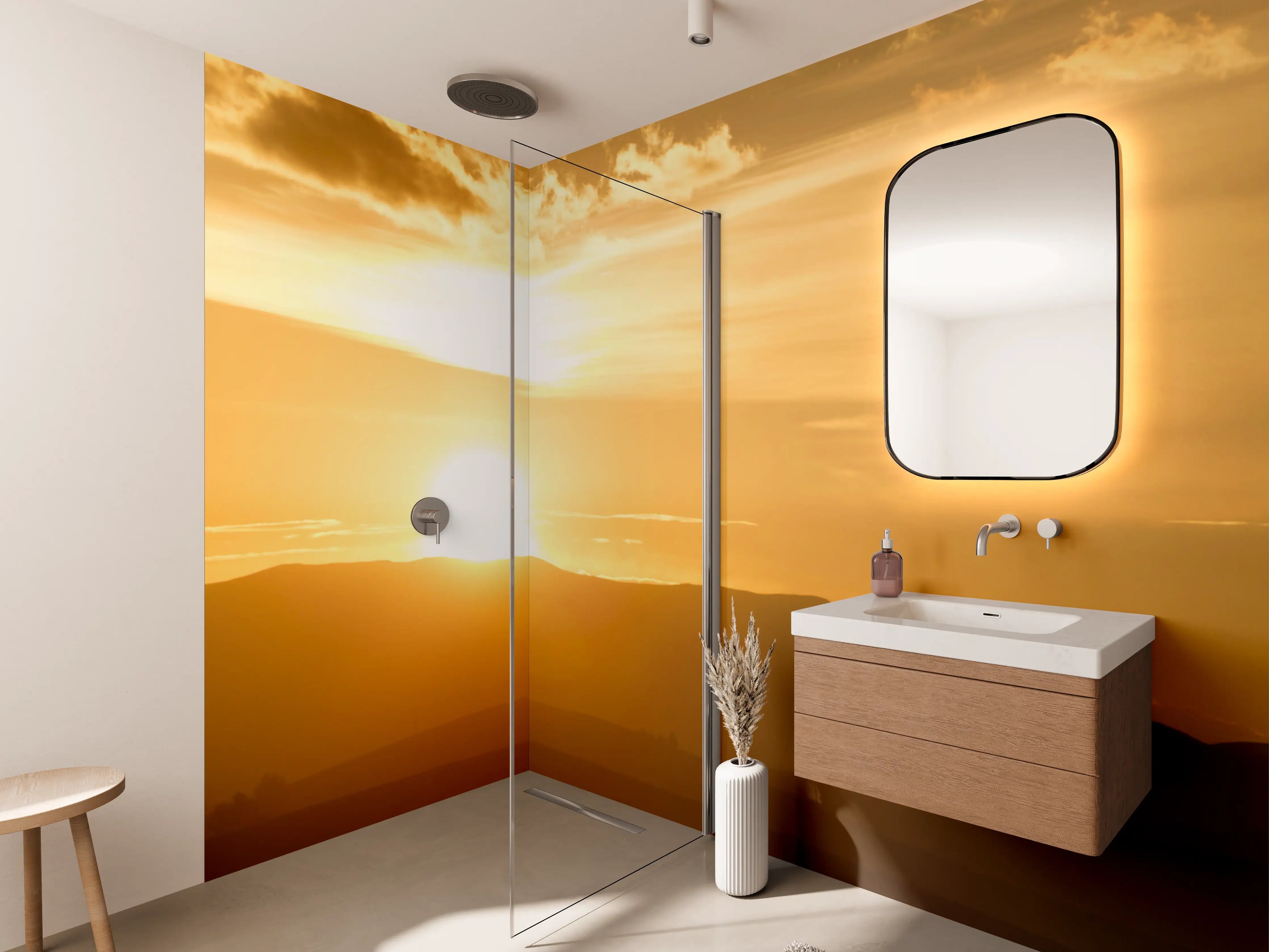 Wandverkleidung Bad - Goldener Sonnenuntergang über den Hügeln