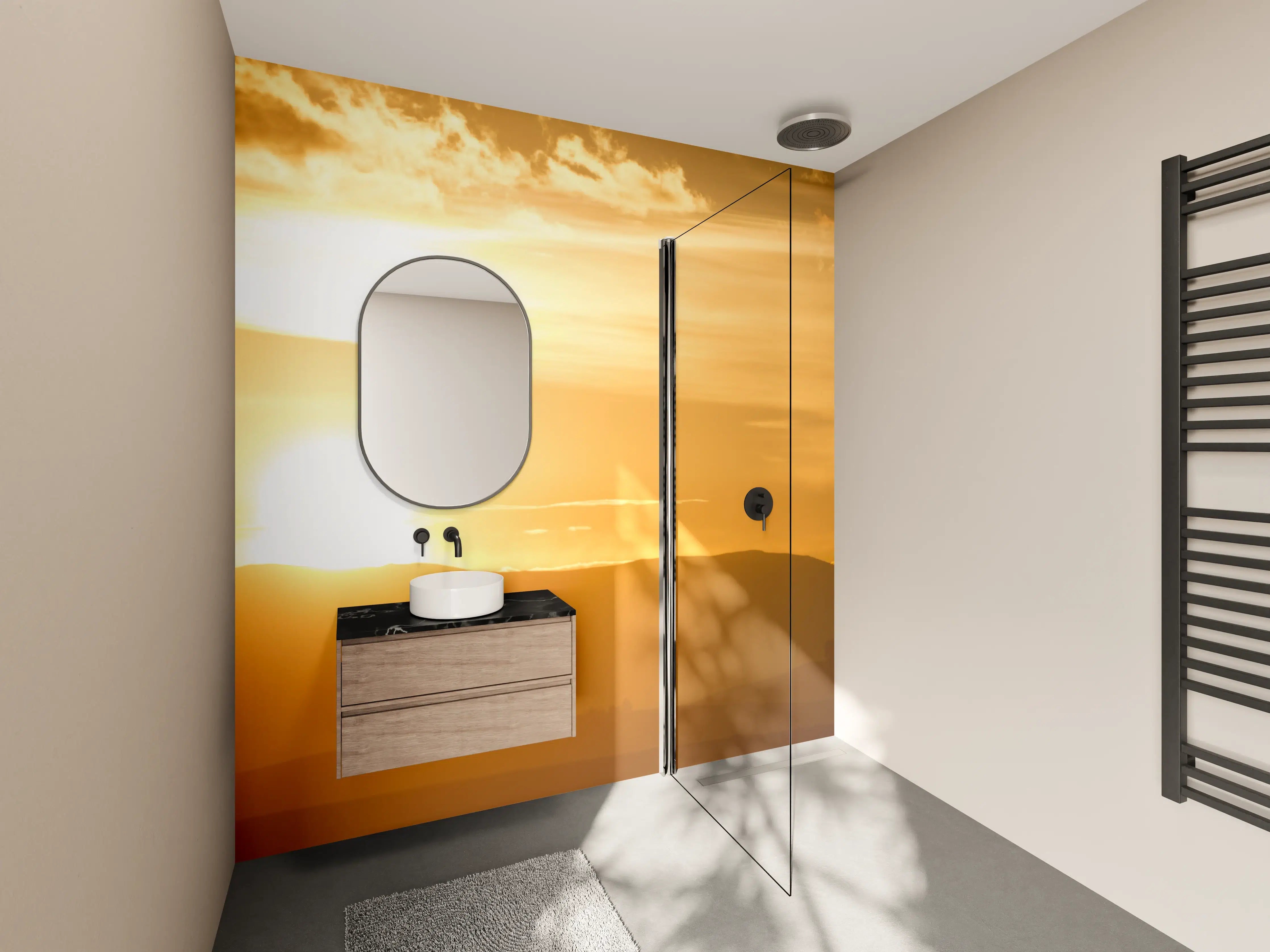Wandverkleidung Bad - Goldener Sonnenuntergang über den Hügeln