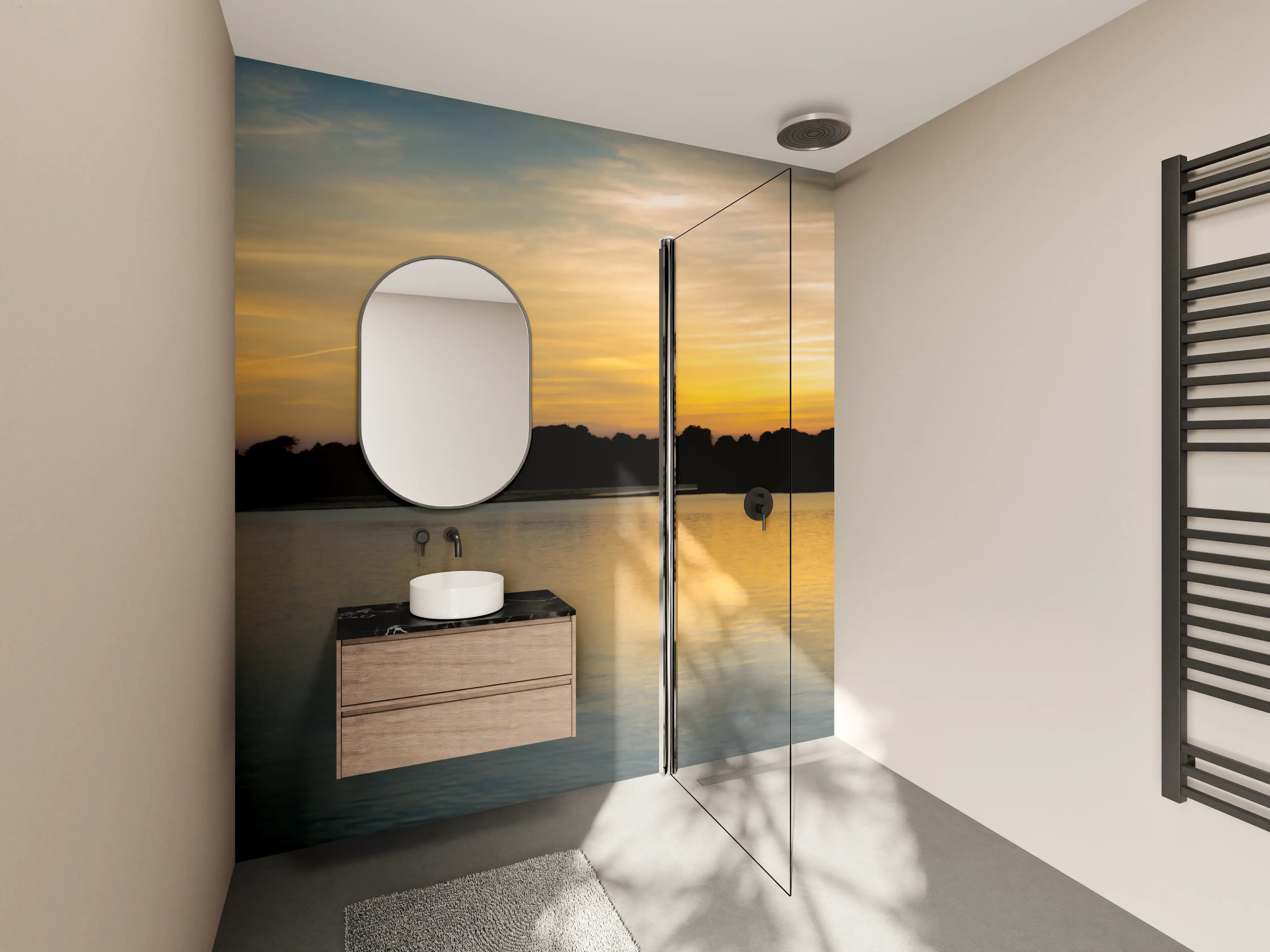 Wandverkleidung Bad - Goldener Sonnenuntergang über ruhigem Wasser