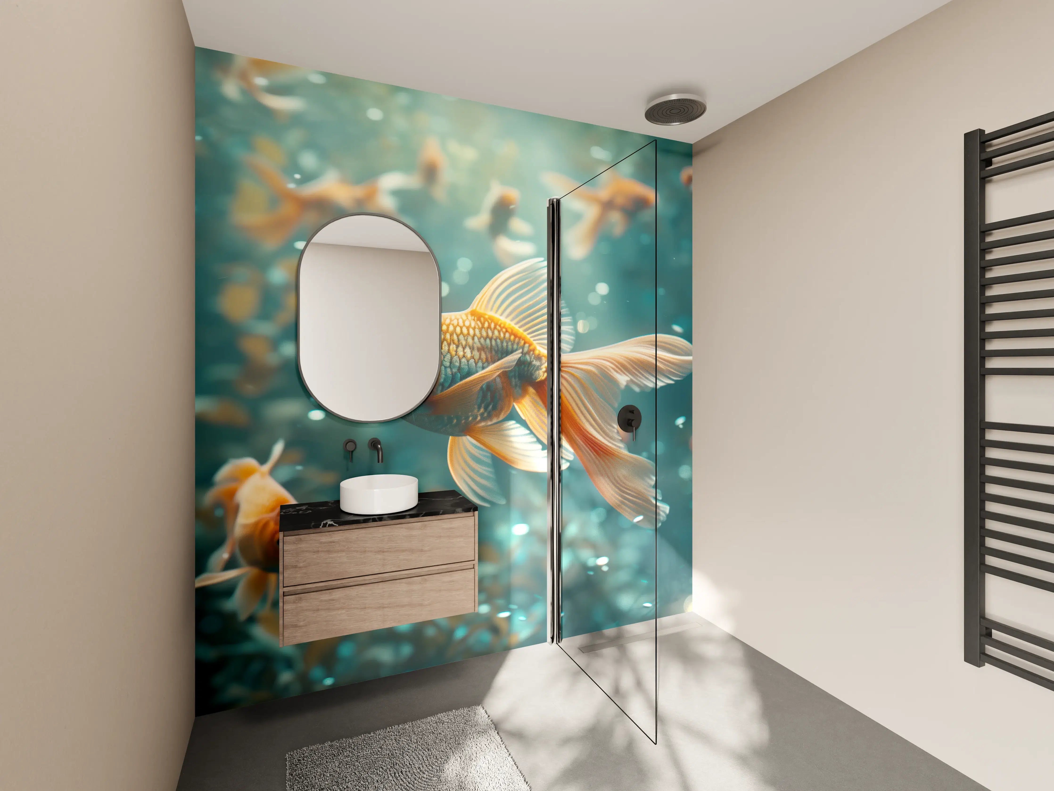 Wandverkleidung Bad - Goldfische Türkis-Orange