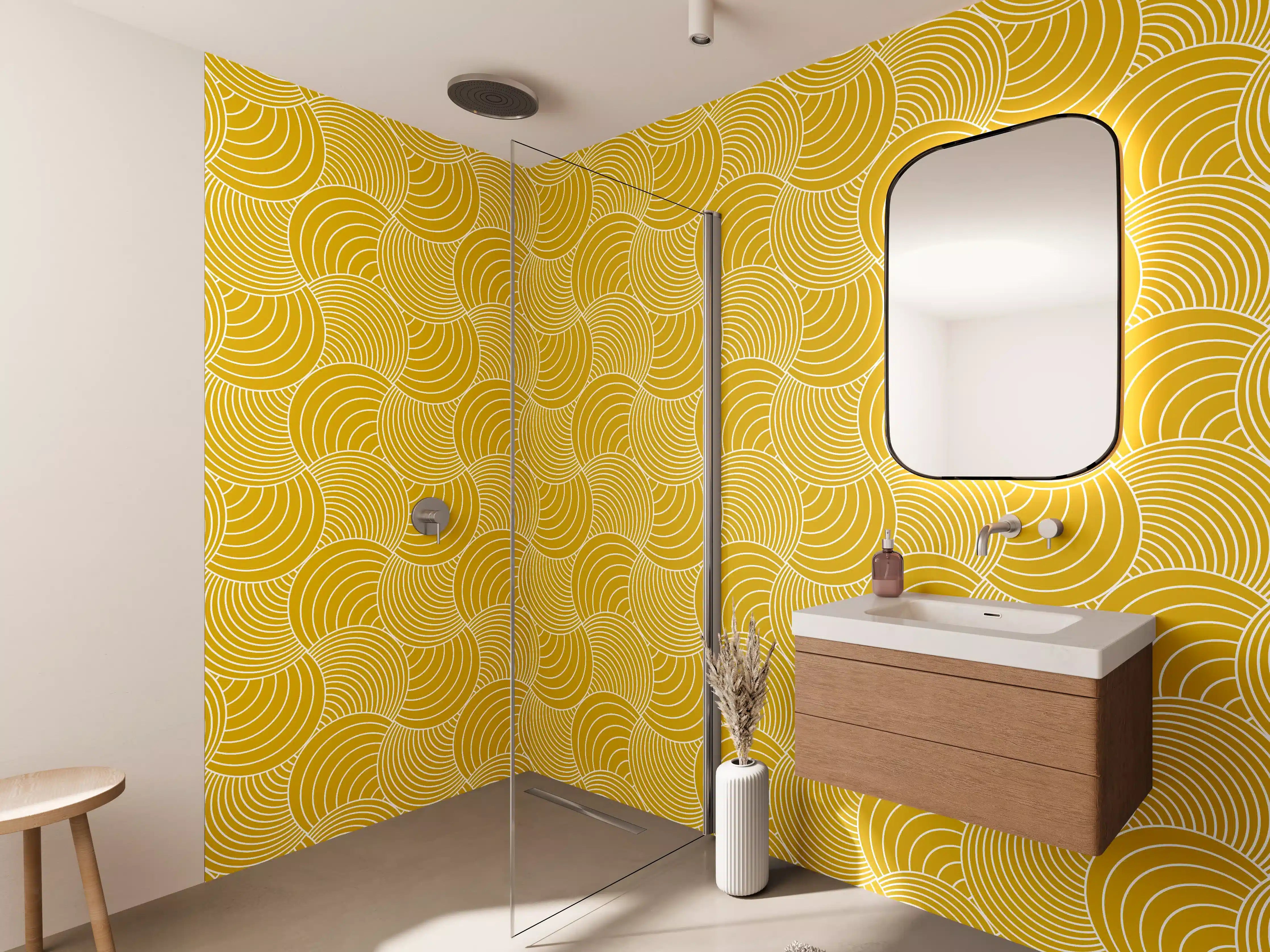Wandverkleidung Bad - Goldgelbes Wellenmuster mit Linienlayout