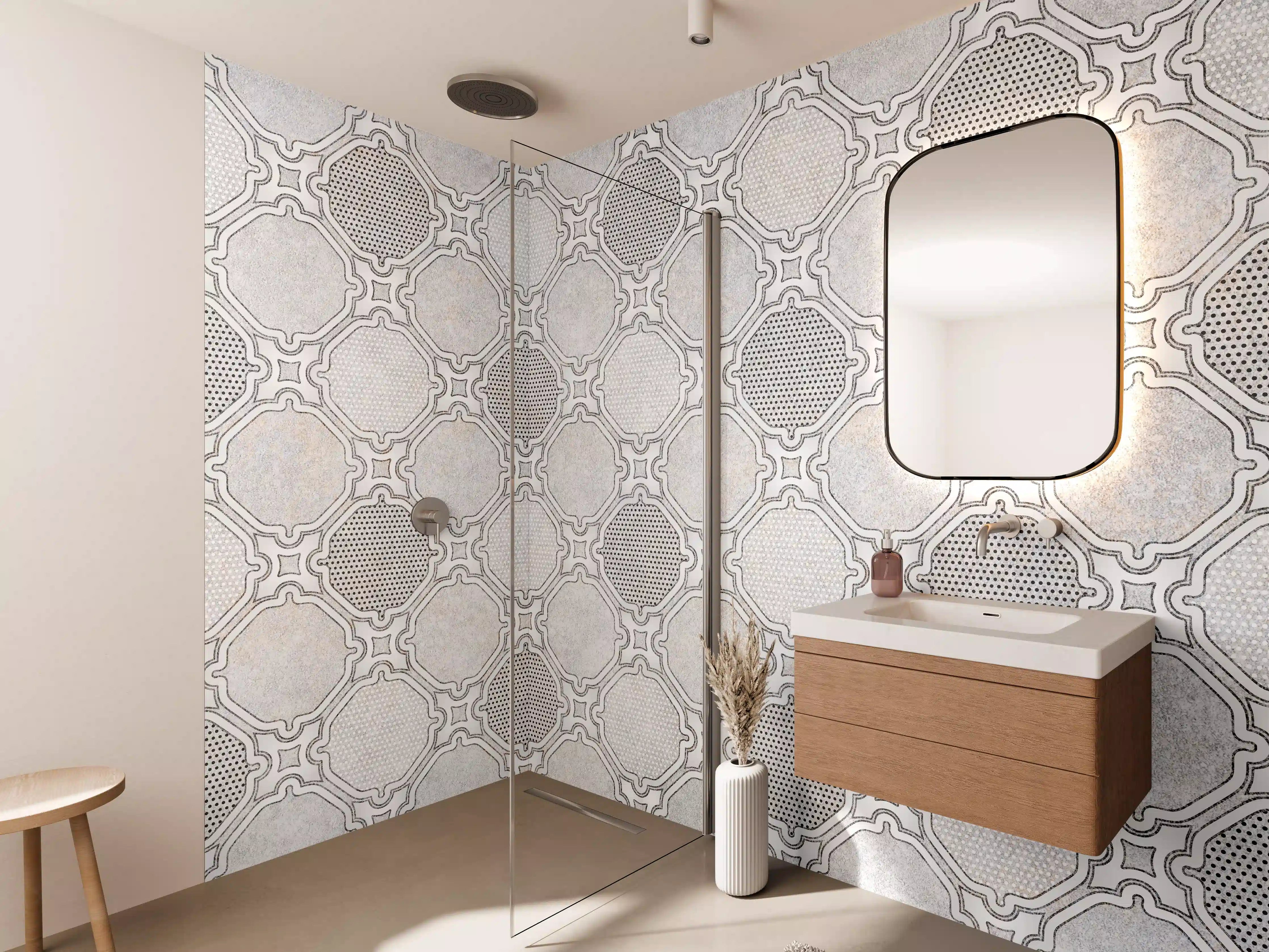 Wandverkleidung Bad - Gräuliches Stoffmuster - Vintage