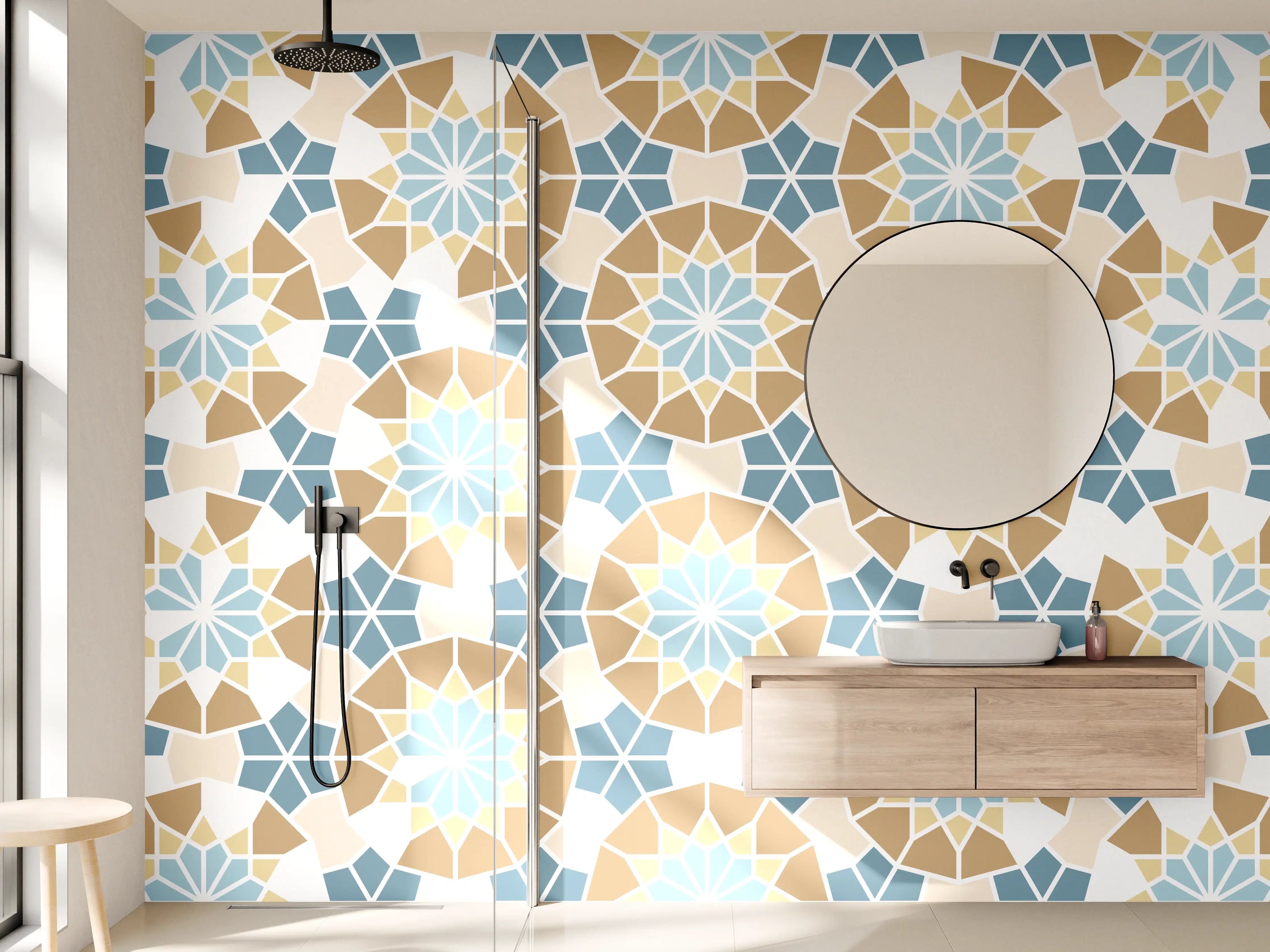 Wandverkleidung Bad - Grafisches Blau Beige Muster