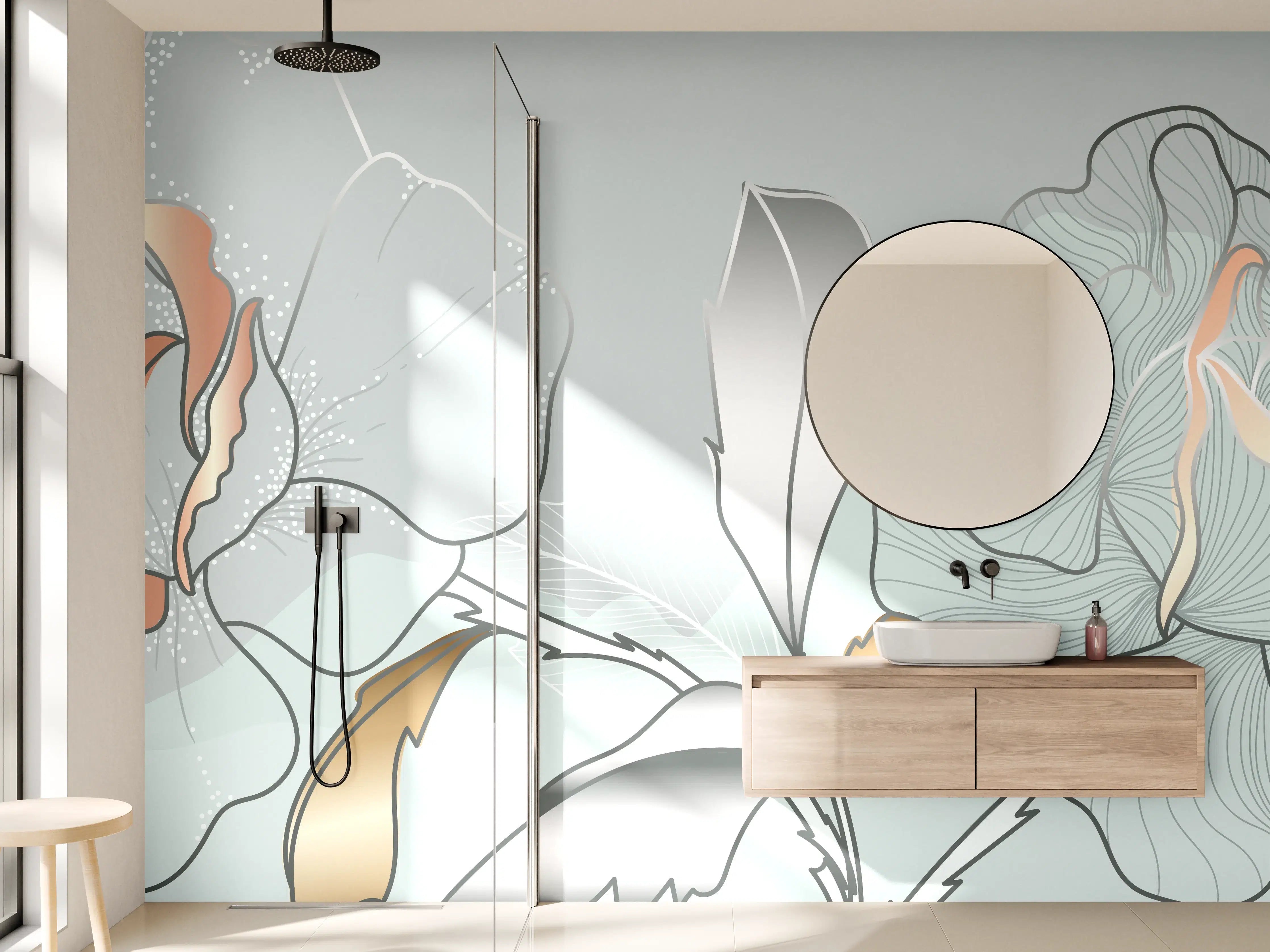 Wandverkleidung Bad - Grau-Weiße Blumenillustration