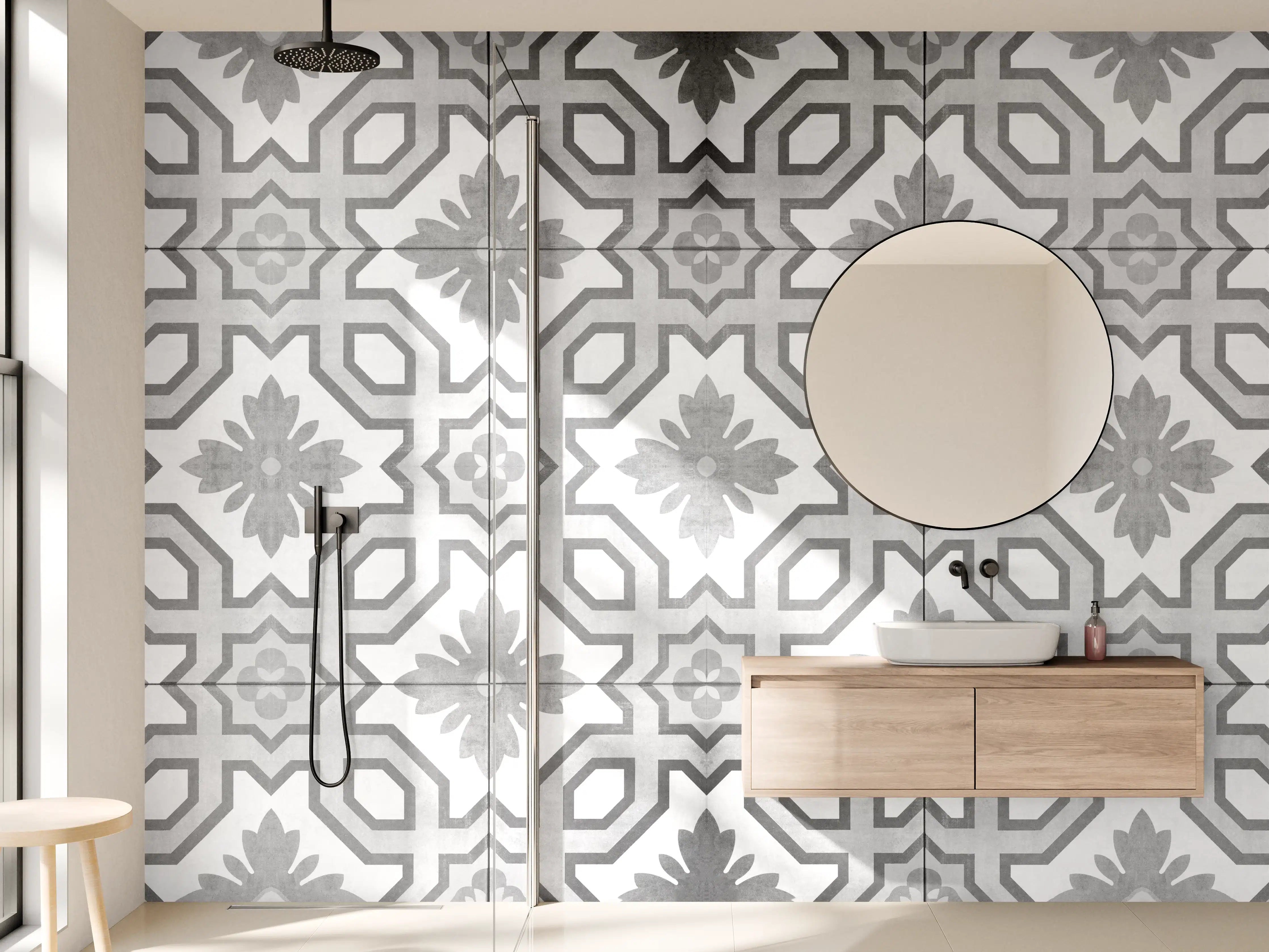 Wandverkleidung Bad - Grau-Weiße Vintage Retro Fliesen