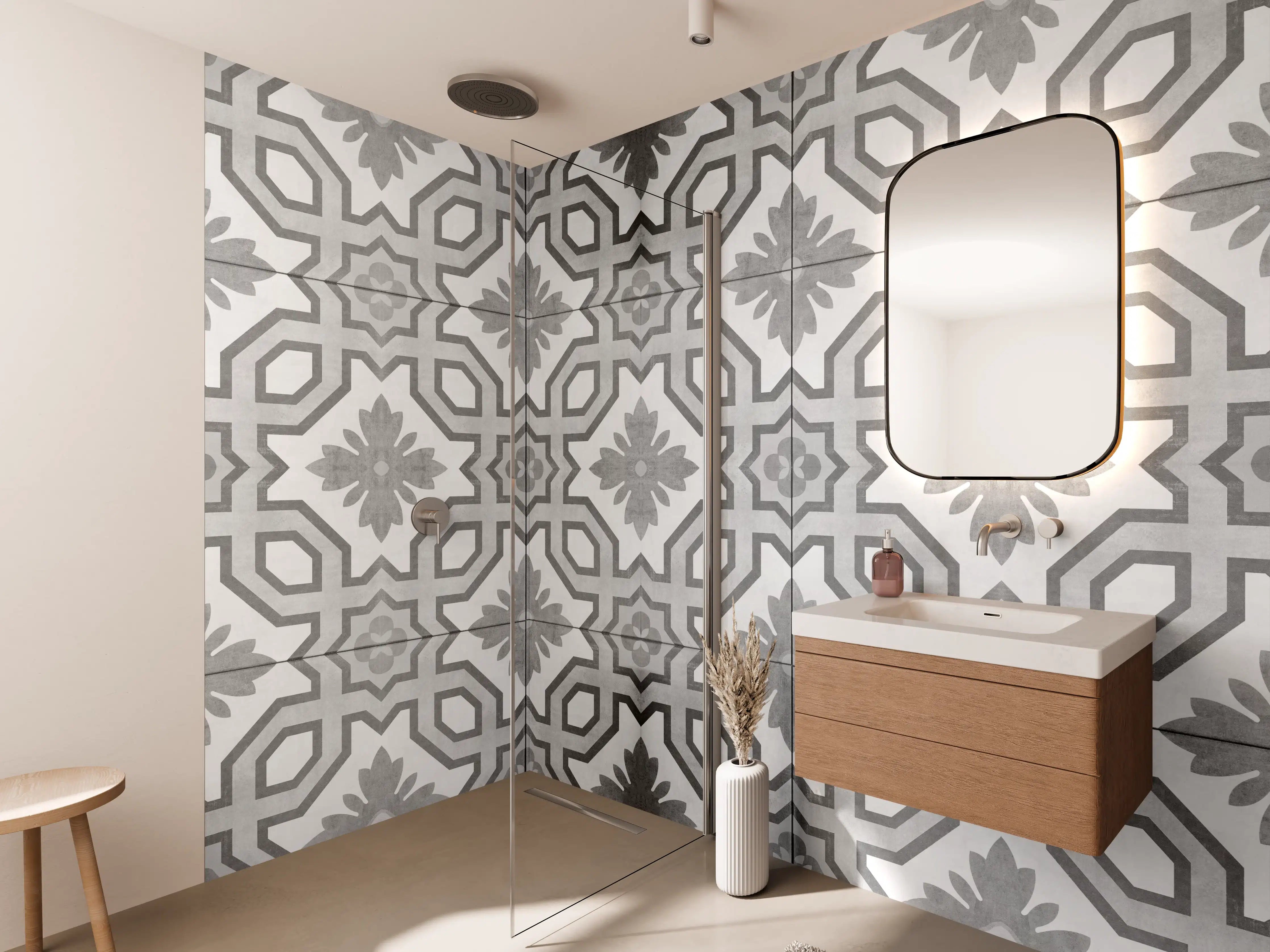 Wandverkleidung Bad - Grau-Weiße Vintage Retro Fliesen