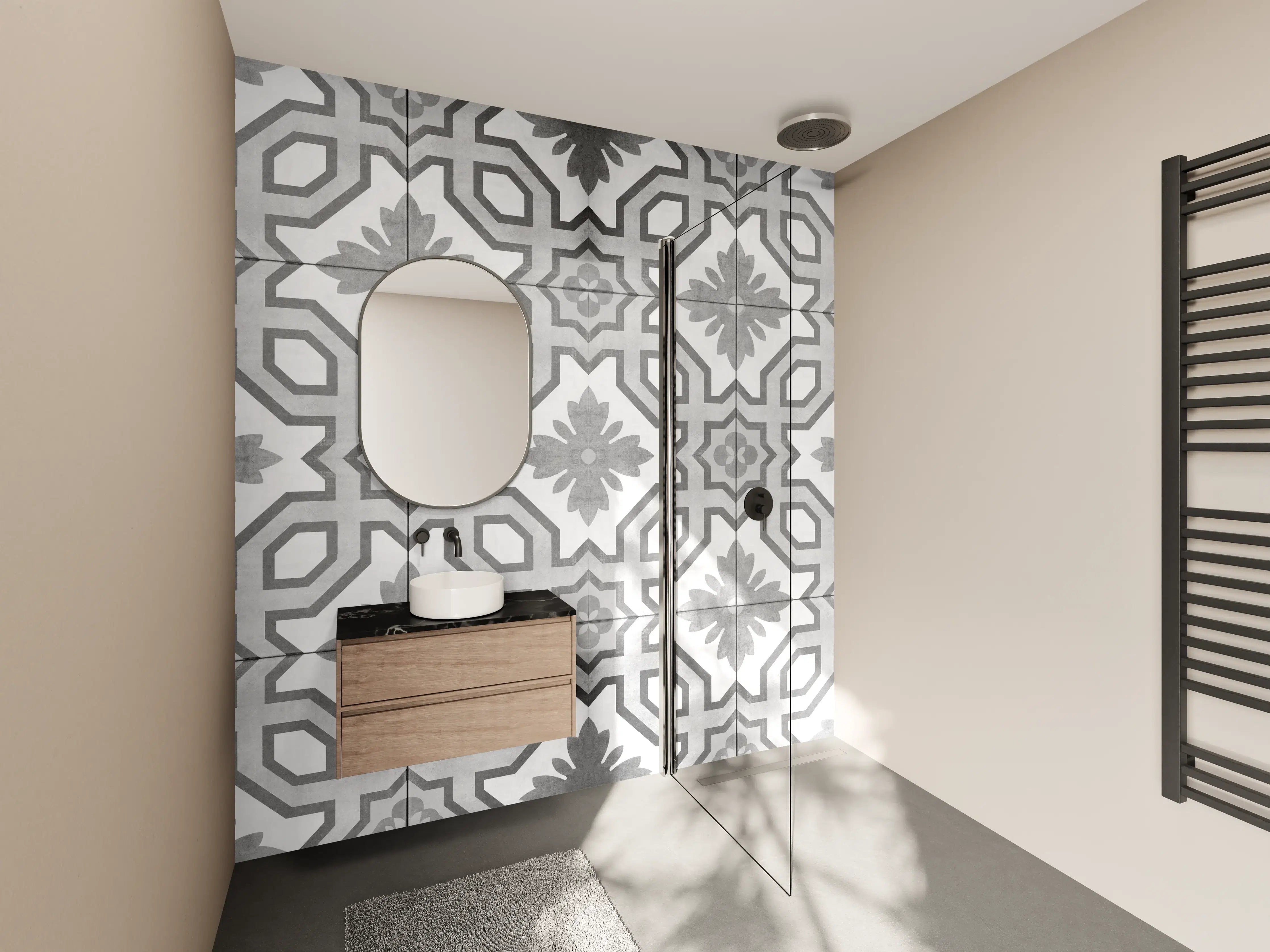 Wandverkleidung Bad - Grau-Weiße Vintage Retro Fliesen