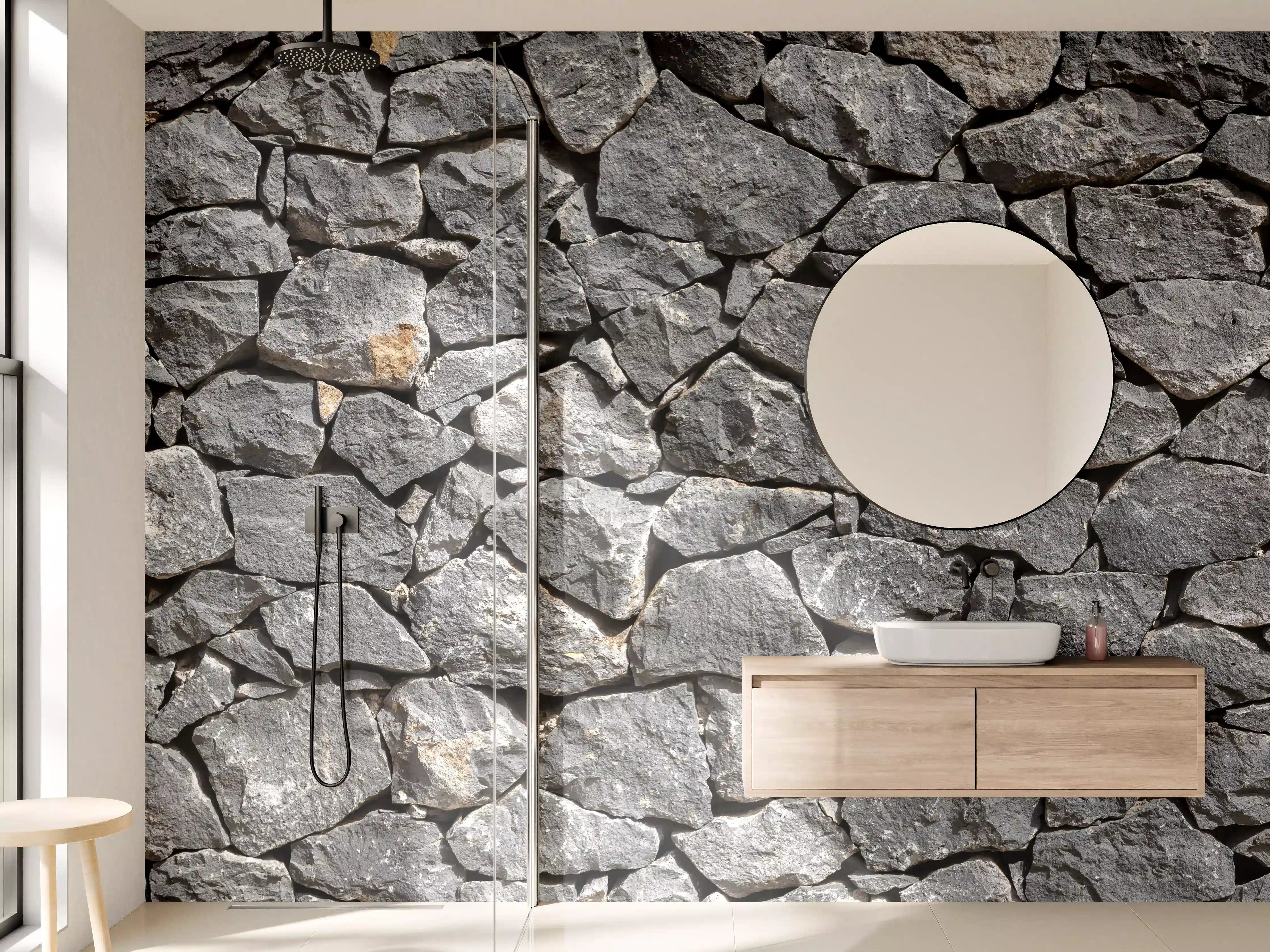 Wandverkleidung Bad - Grau-blaue Natursteinmauerensilhouette
