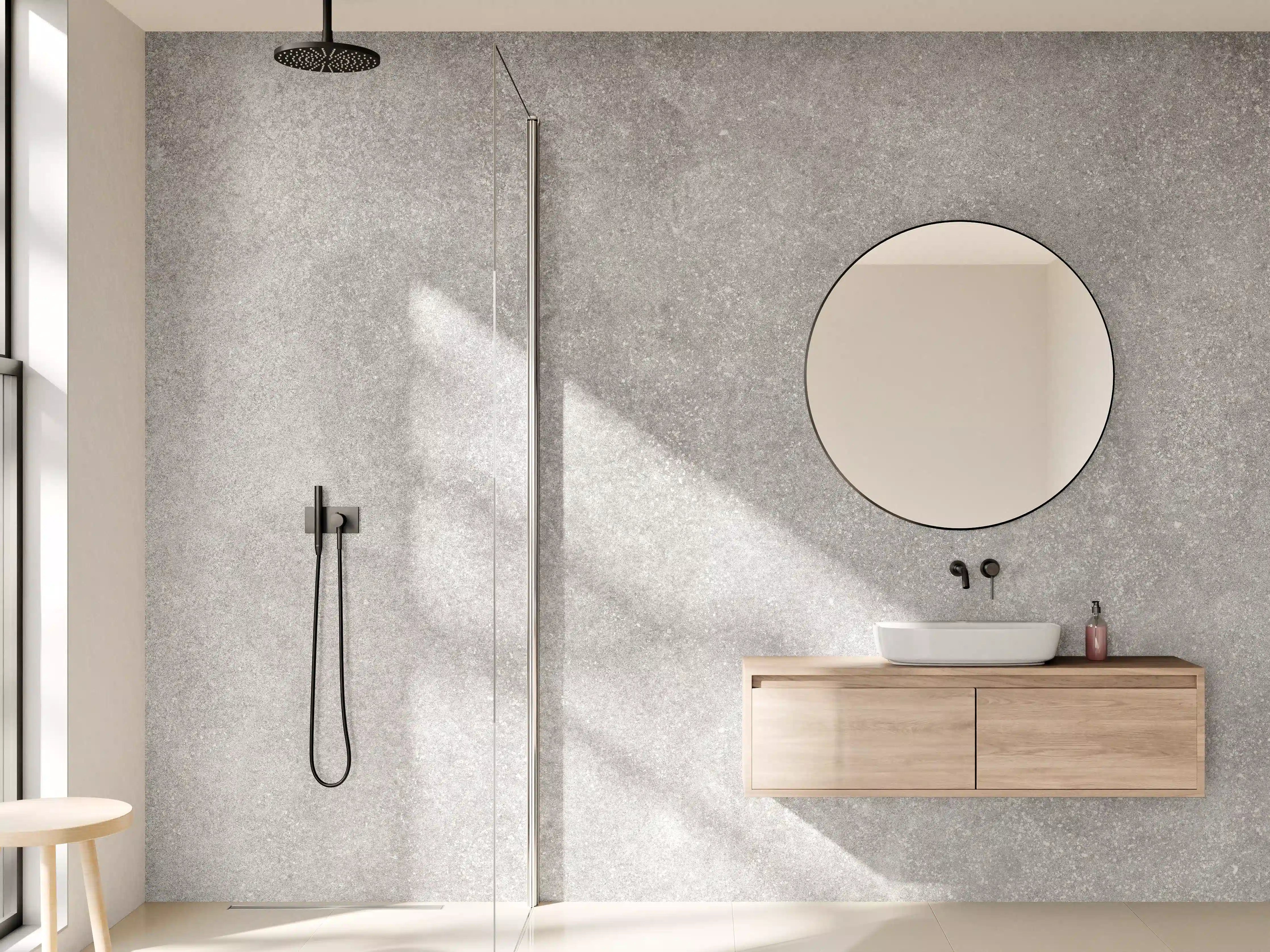 Wandverkleidung Bad - Grau strukturierte Betontextur mit feiner Oberfläche