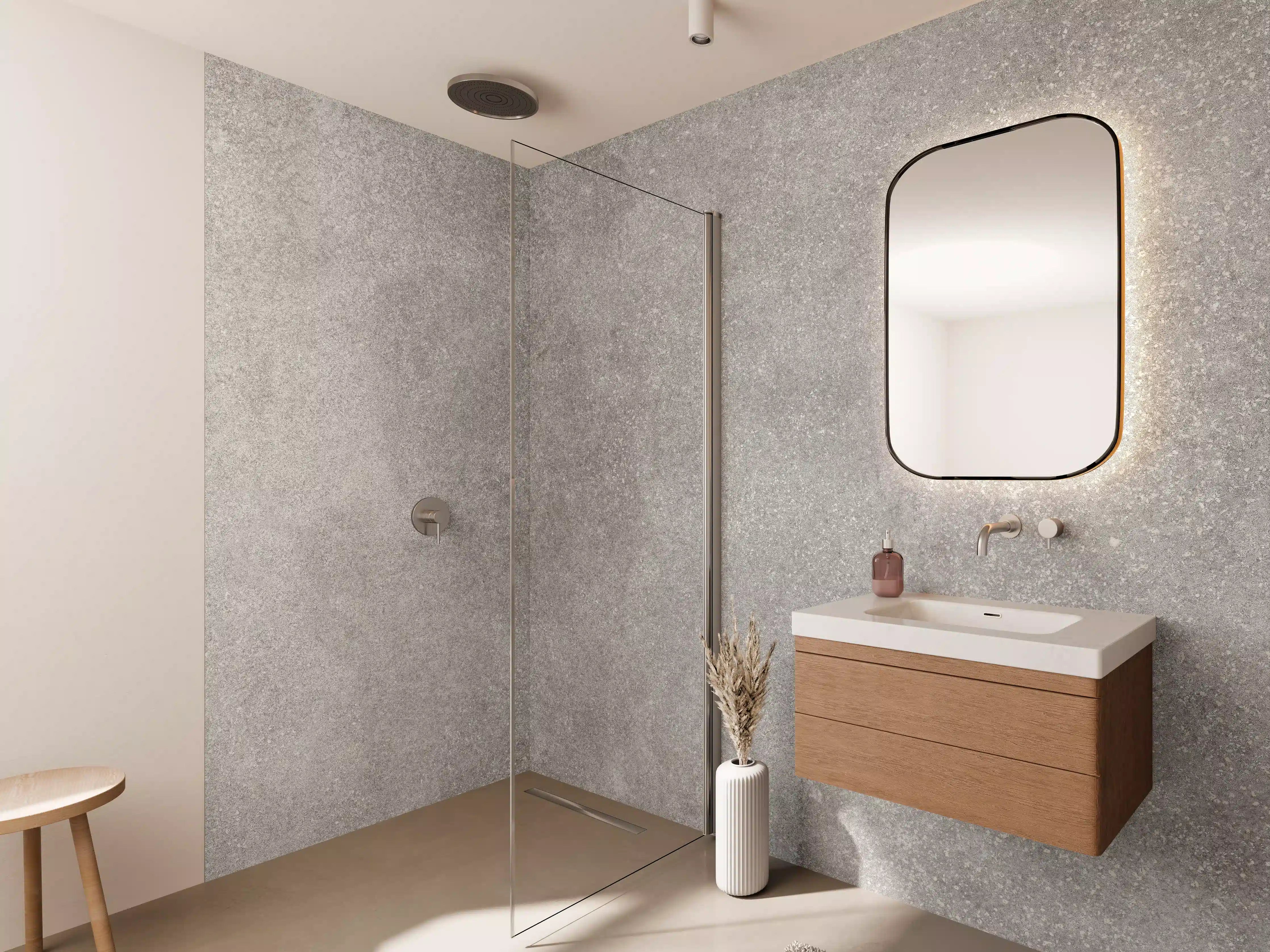 Wandverkleidung Bad - Grau strukturierte Betontextur mit feiner Oberfläche