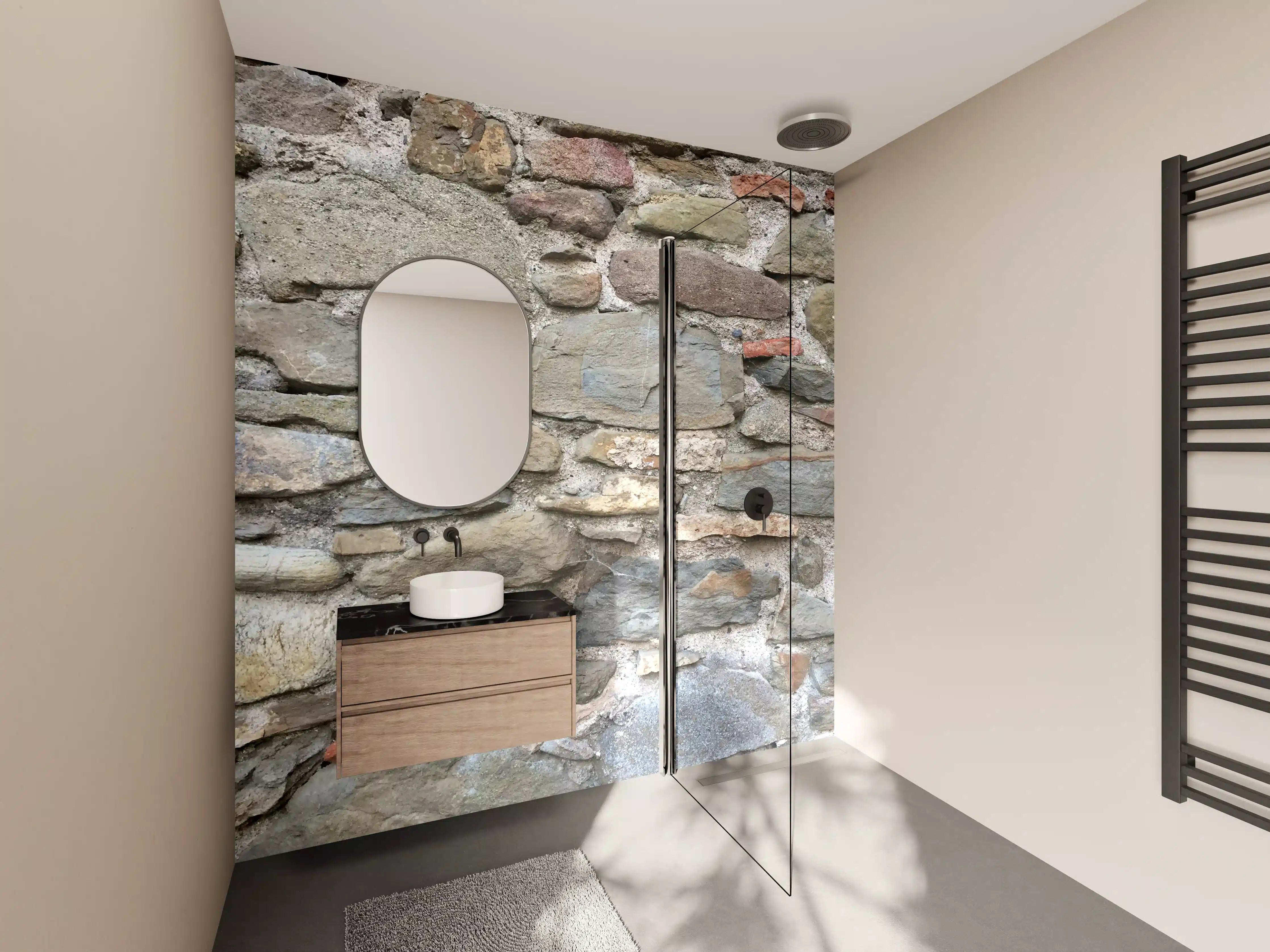 Wandverkleidung Bad - Graubeige Steinwand mit weißen Akzenten