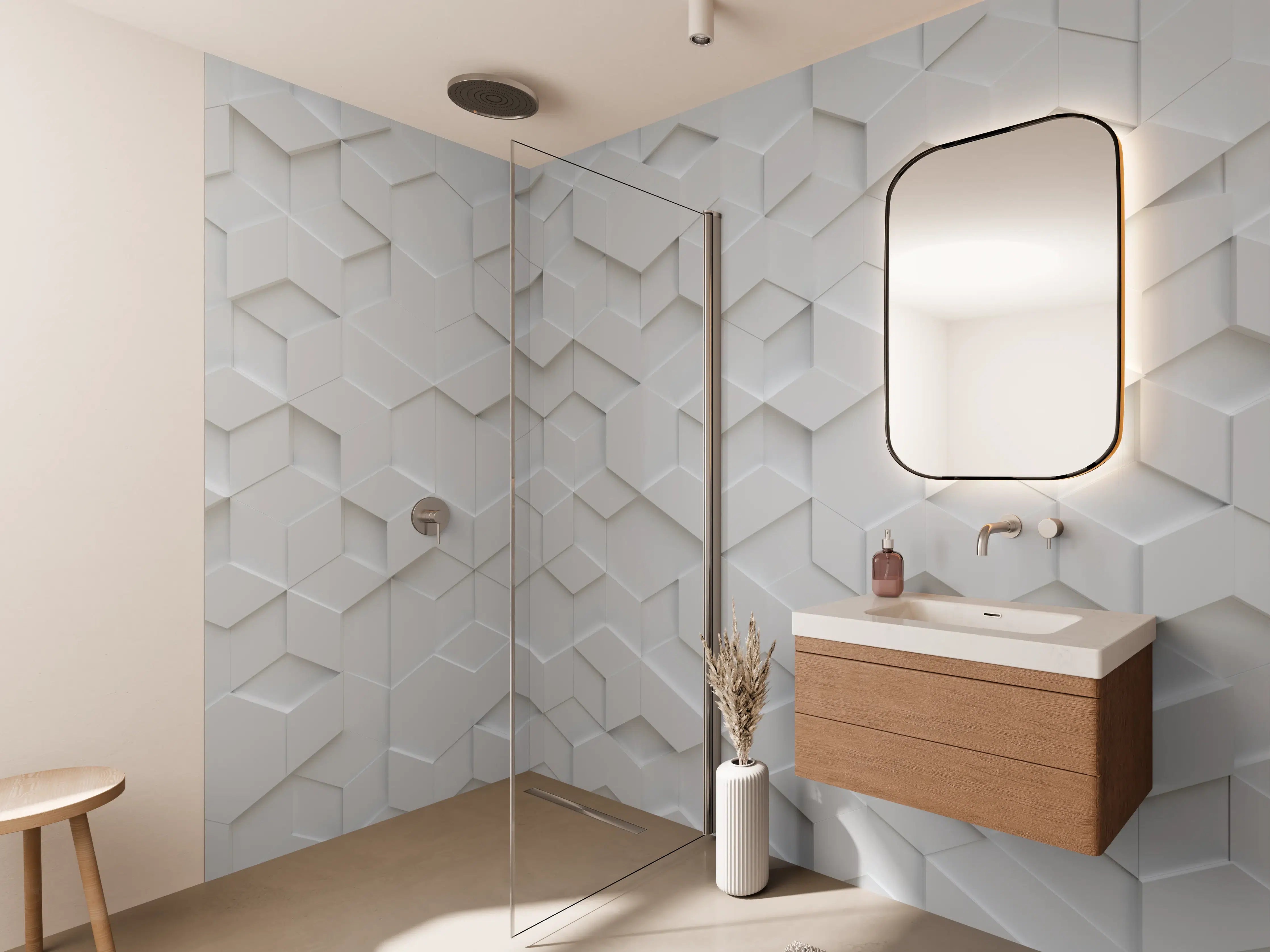 Wandverkleidung Bad - Graue 3D-Geometriewandpaneele