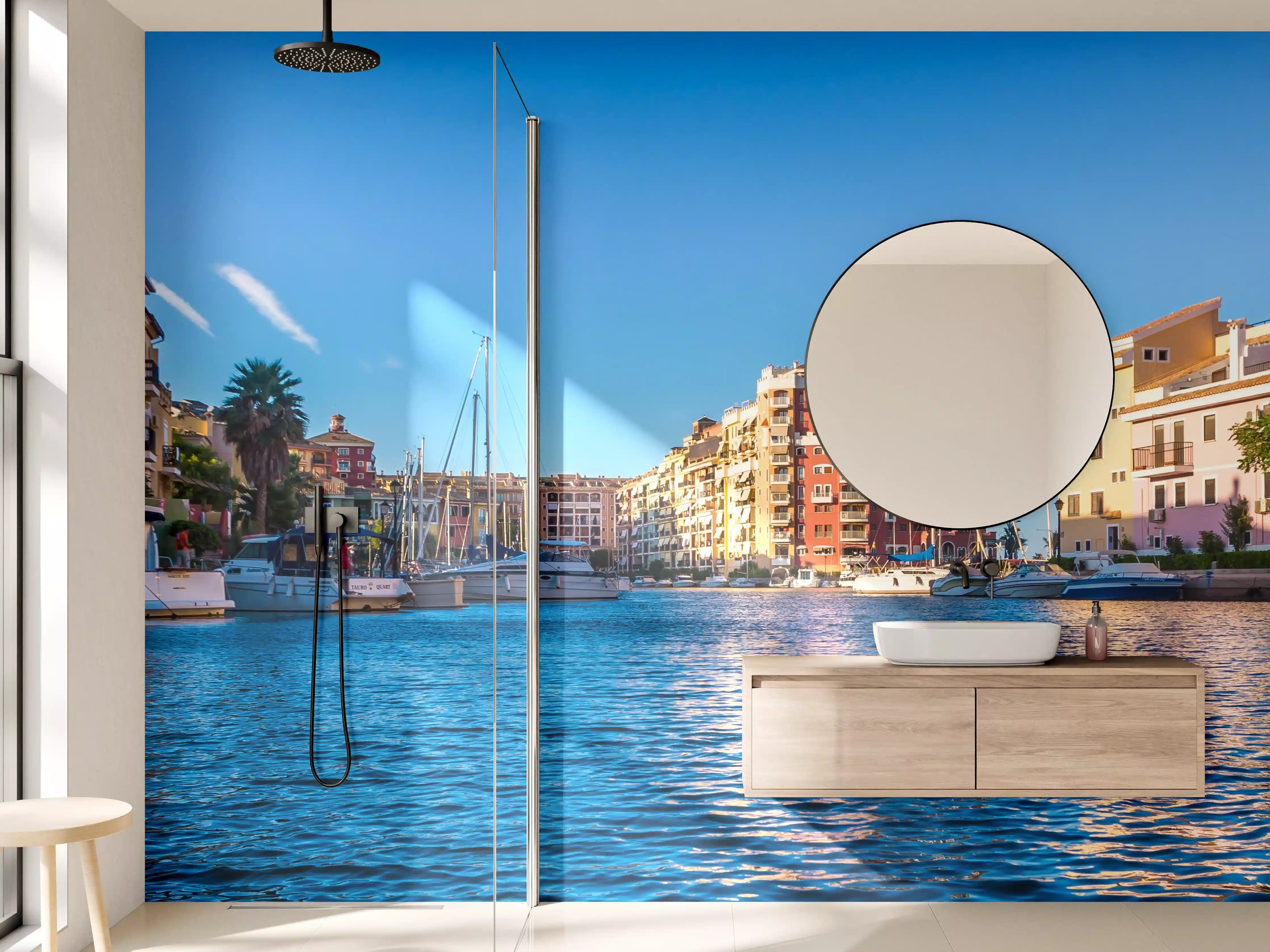 Wandverkleidung Bad - Graue Abendstimmung am Hafen